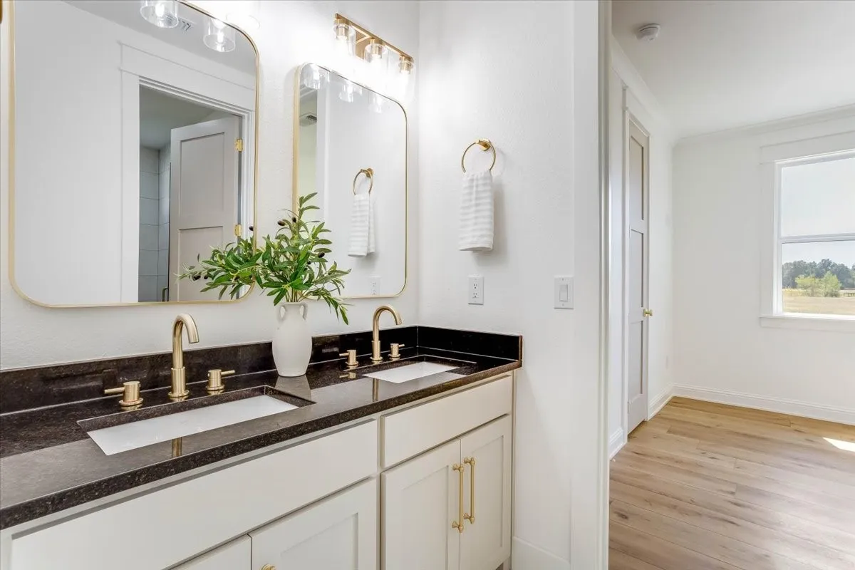 Dual vanity with dark stone countertop, undermount sinks, and gold-finish fixtures