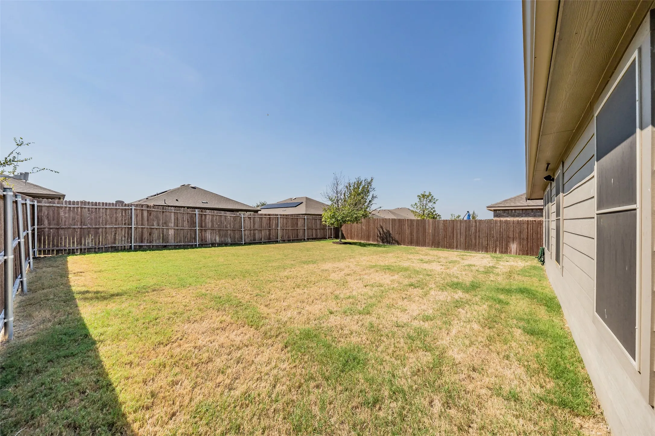 Expansive grass lawn with wood privacy fencing
