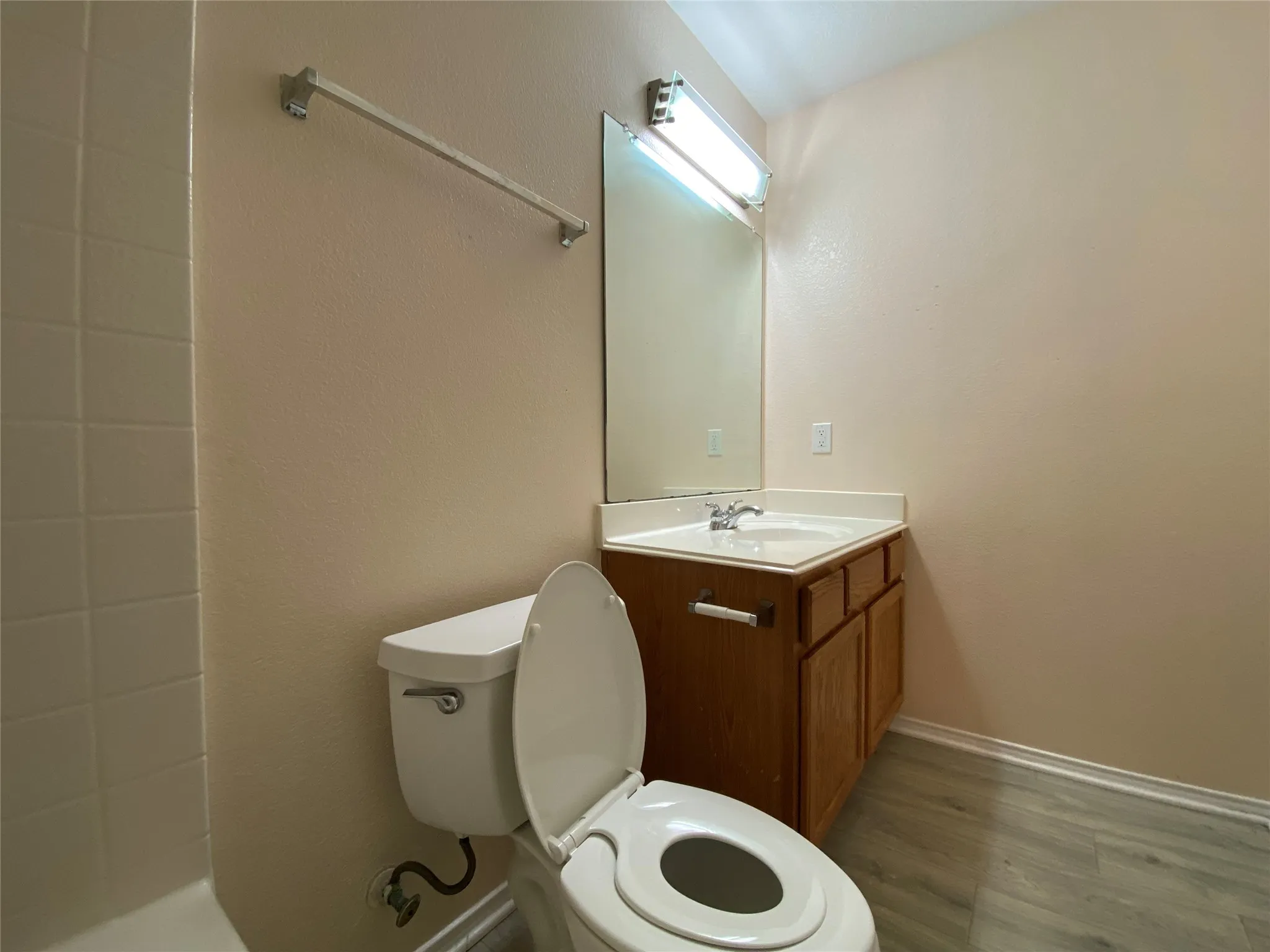 Bathroom with toilet, vanity, and wood finished floors