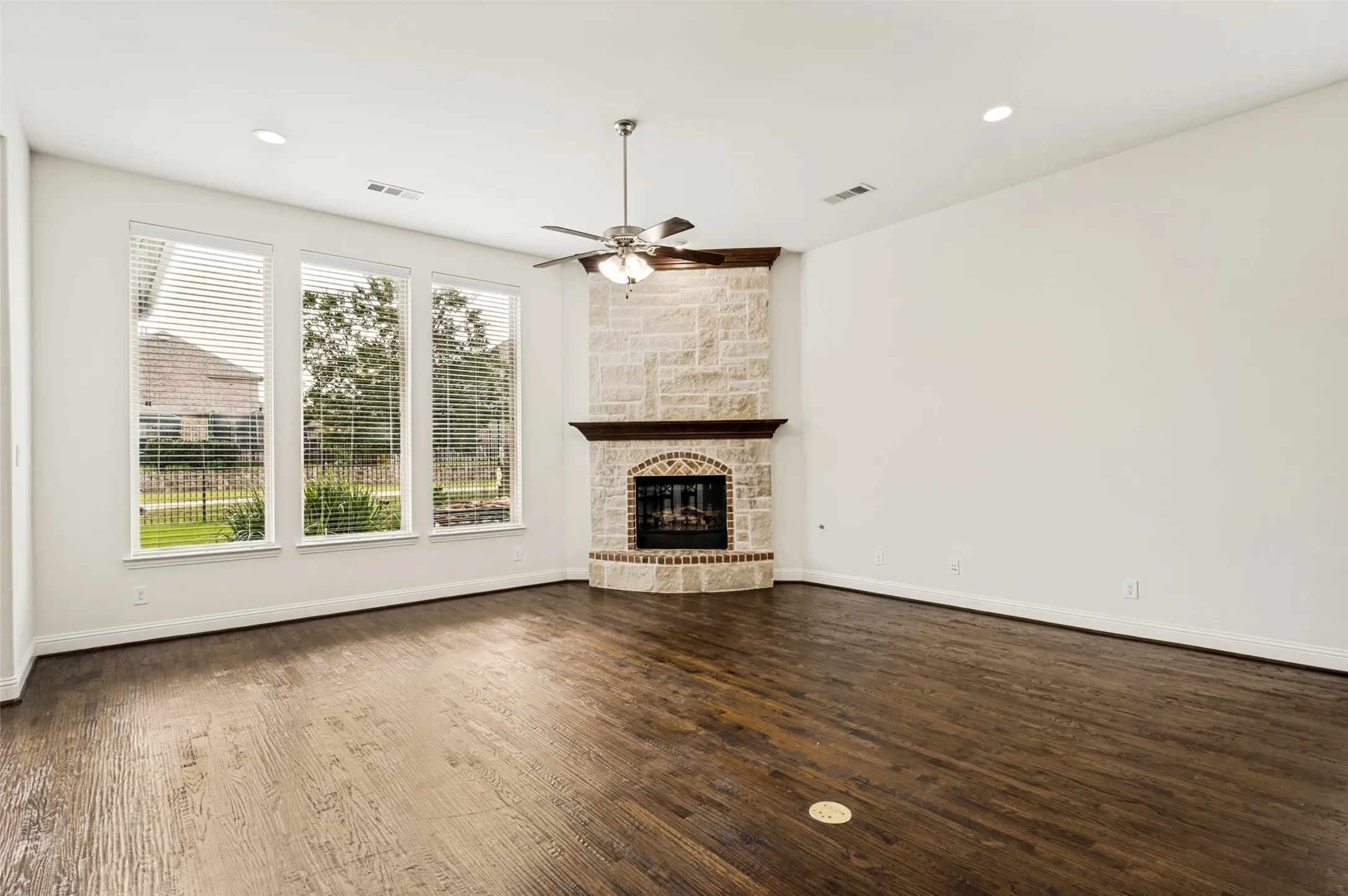 Austin stone fireplace with gas started and hearth