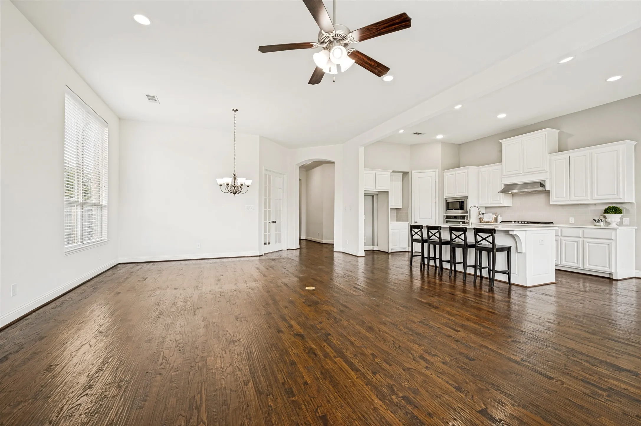 View from fireplace into the dining, kitchen area