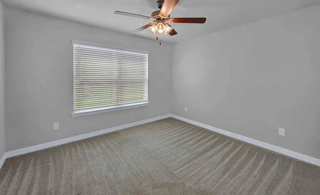 Window with blinds, ceiling fan, and light-colored carpeting