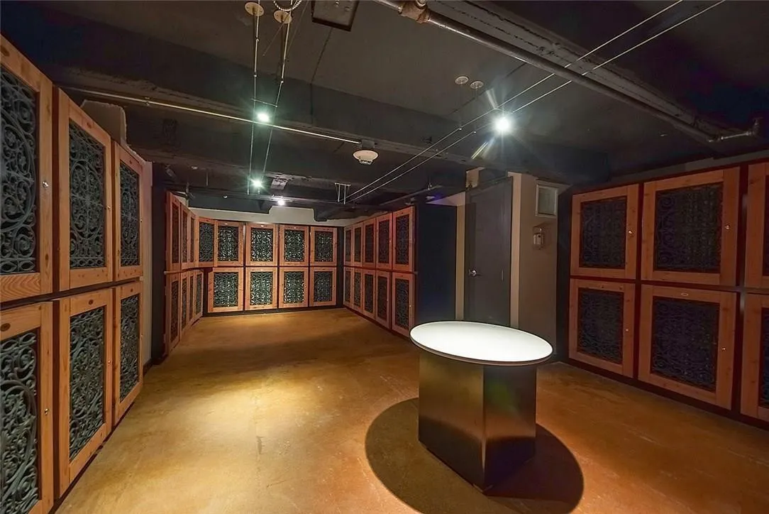 Extensive built-in storage with ornate metal grilles