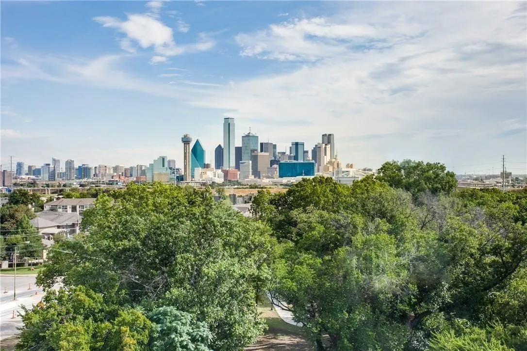 Skyline backdrop featuring numerous high-rise buildings and ample surrounding greenery