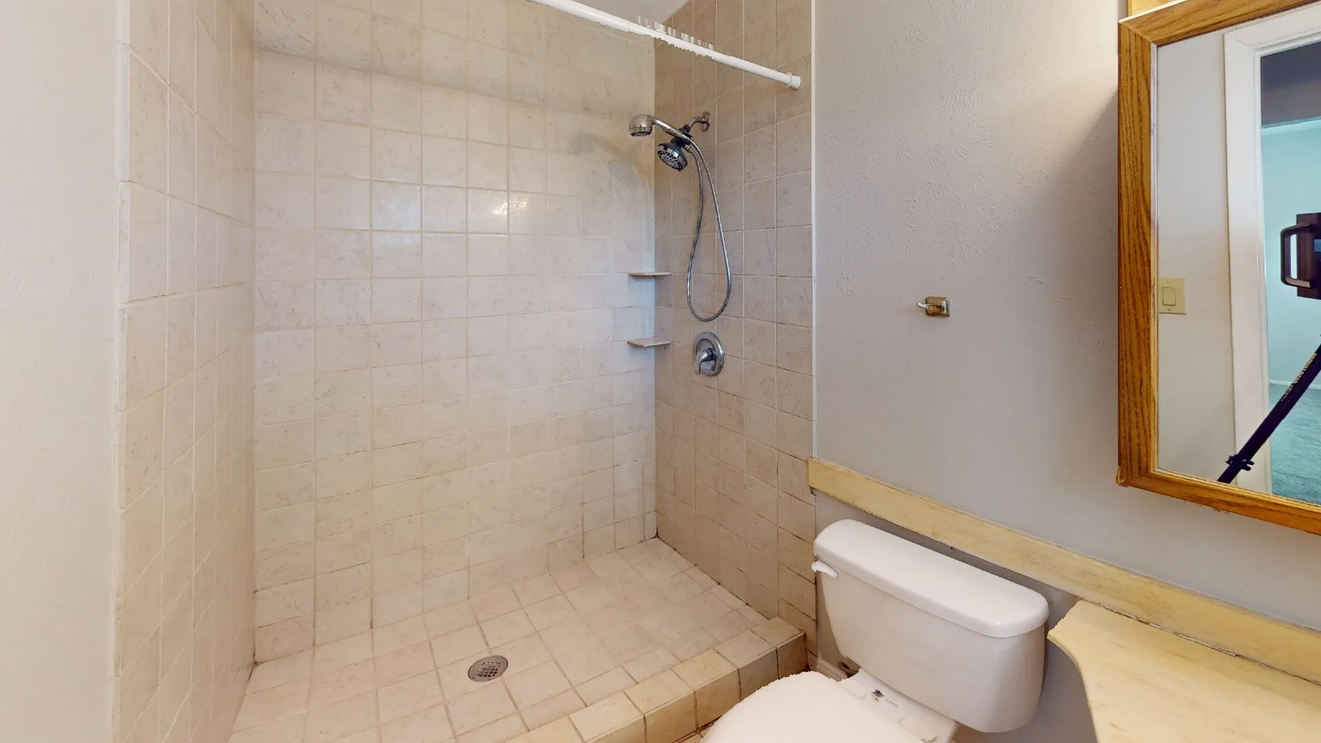 Tiled shower surround with integrated shelving and a handheld shower head, accompanied by a toilet and wood-framed mirror