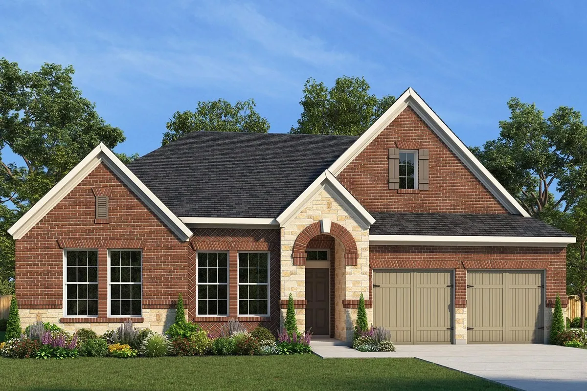 Brick facade with stone accents, arched entry, two-car garage, pitched roofline, and landscaped front yard