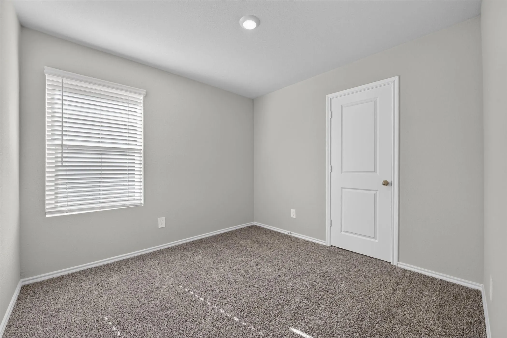 Recessed ceiling light, paneled door, window with blinds, and carpeted flooring