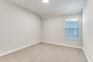 Neutral wall finishes, carpet flooring, window with horizontal blinds, and a ceiling-mounted light fixture