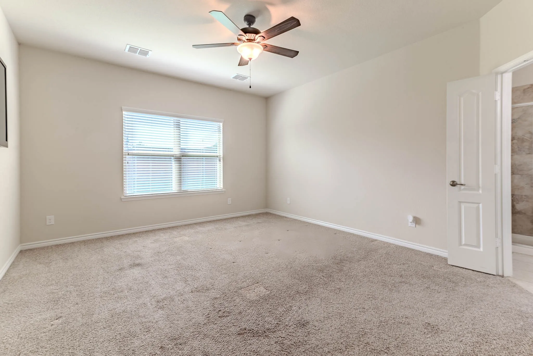 Spacious primary bedroom with carpet and ceiling fan