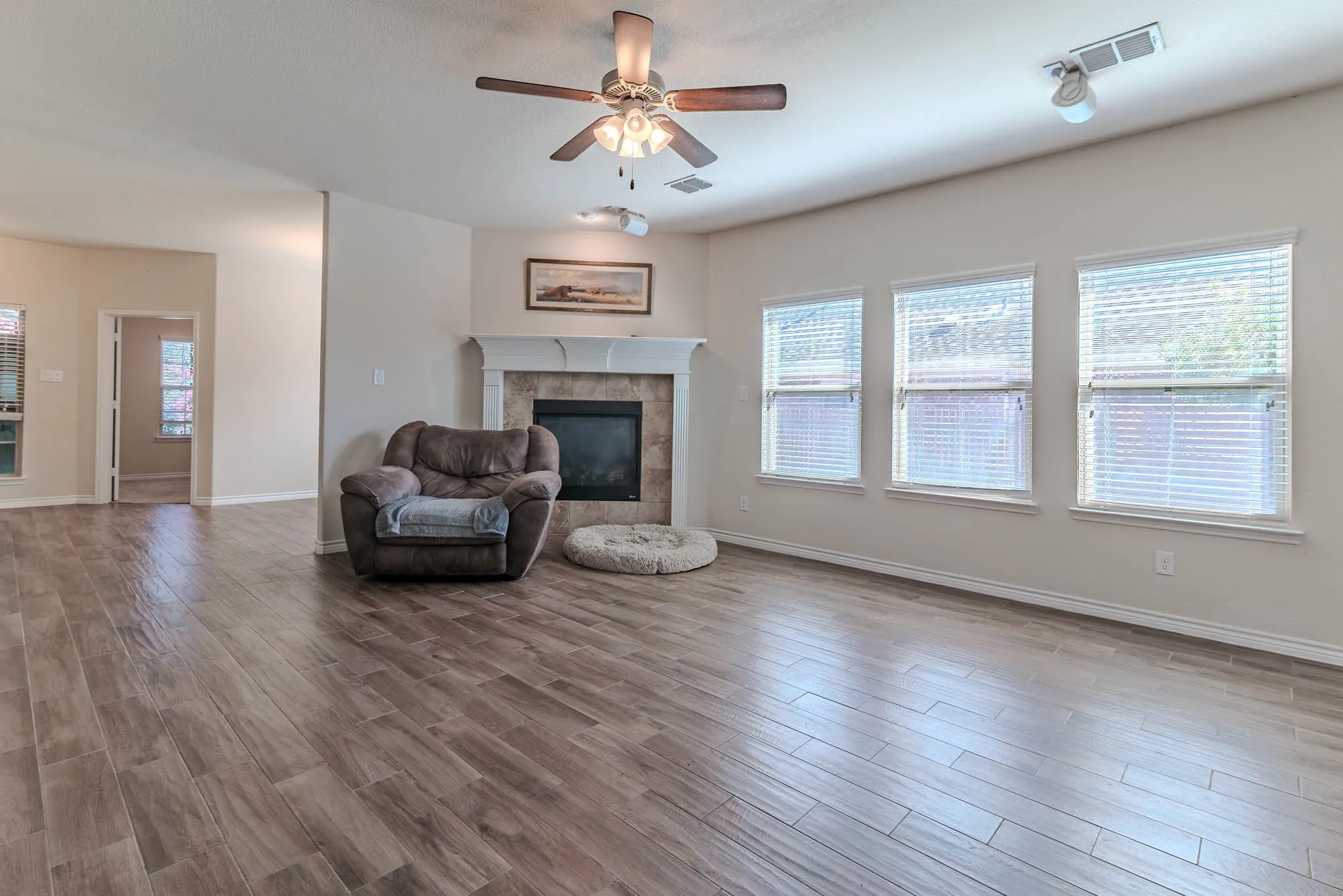 Living area with wood-type flooring and gas fireplace