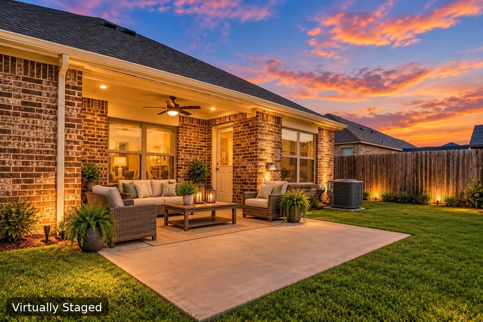 Virtually altered and staged for visual perception. Covered patio with recessed lighting, ceiling fan, and concrete surface