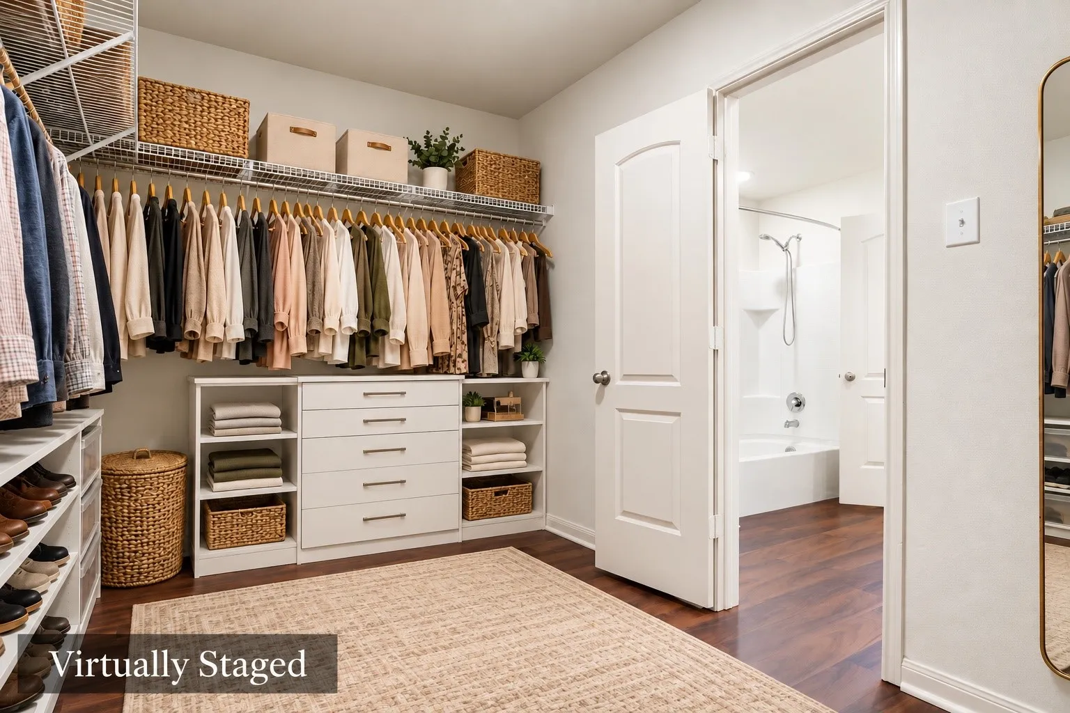 Virtually altered and staged for visual perception. Custom closet organization system featuring wire shelving and built-in drawers