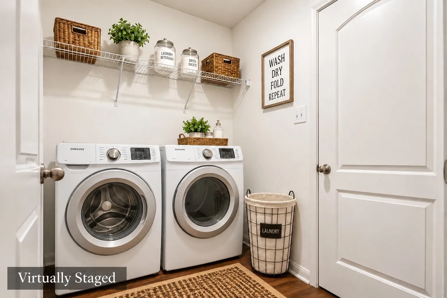Virtually staged. Full-size front-loading washer and dryer, wire shelving, and wood-finish LVP  flooring