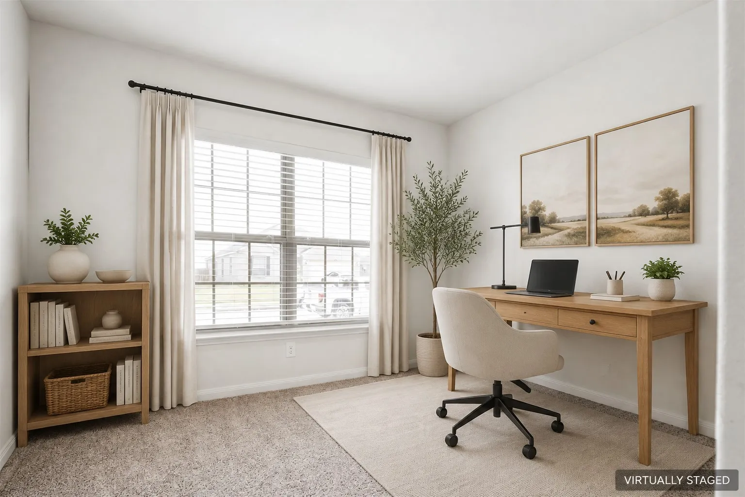 Virtually Staged. Secondary bedroom at front of house staged as an office. Room featuring a large window, neutral wall paint, and carpeting
