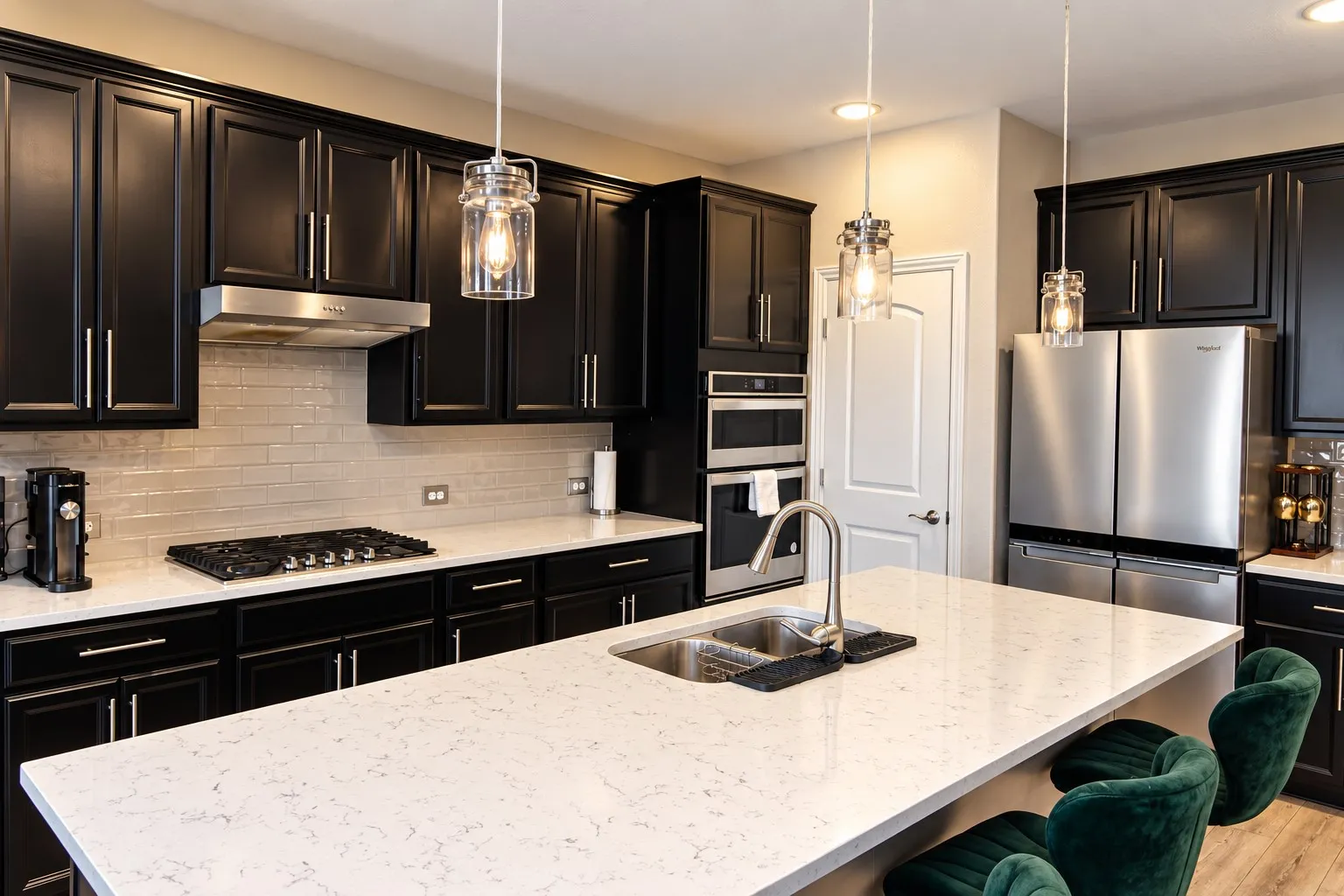 Kitchen featuring dark cabinetry, stainless steel appliances, white countertops, and a tile backsplash