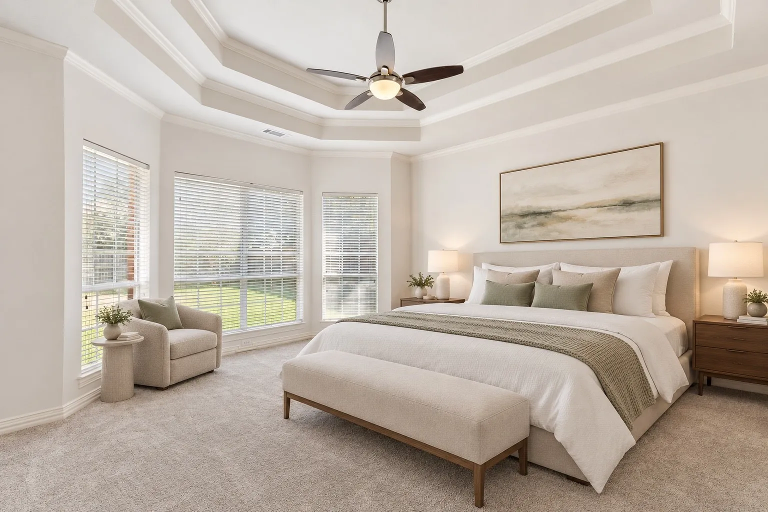 You'll love the spacious primary suite with tray ceiling and view to backyard. (This photo is virtually staged.)