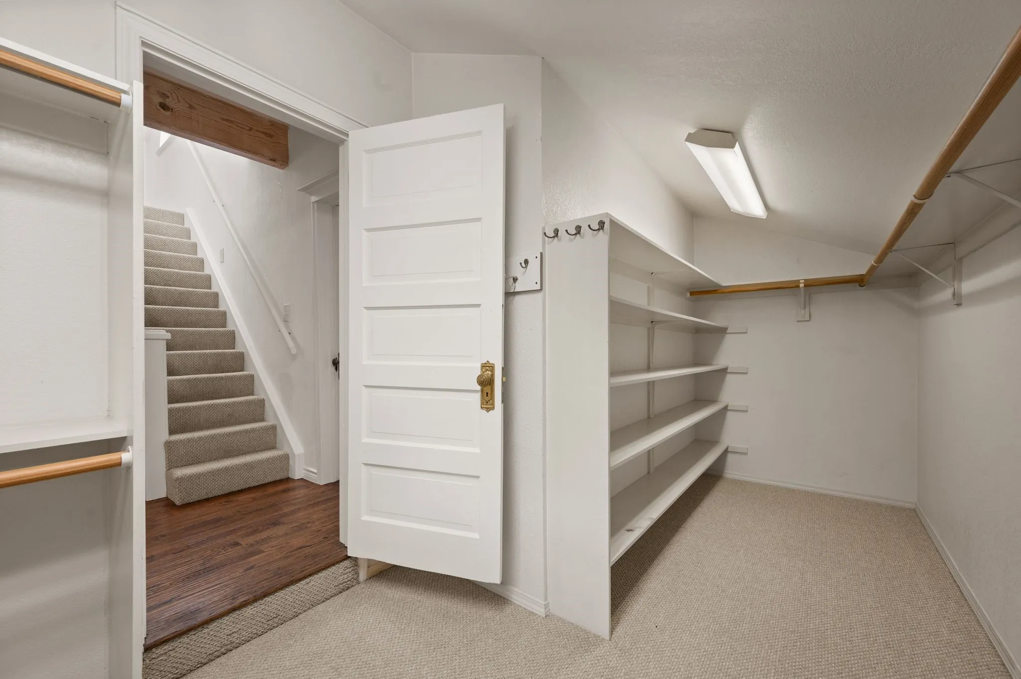 Spacious closet with light colored carpet