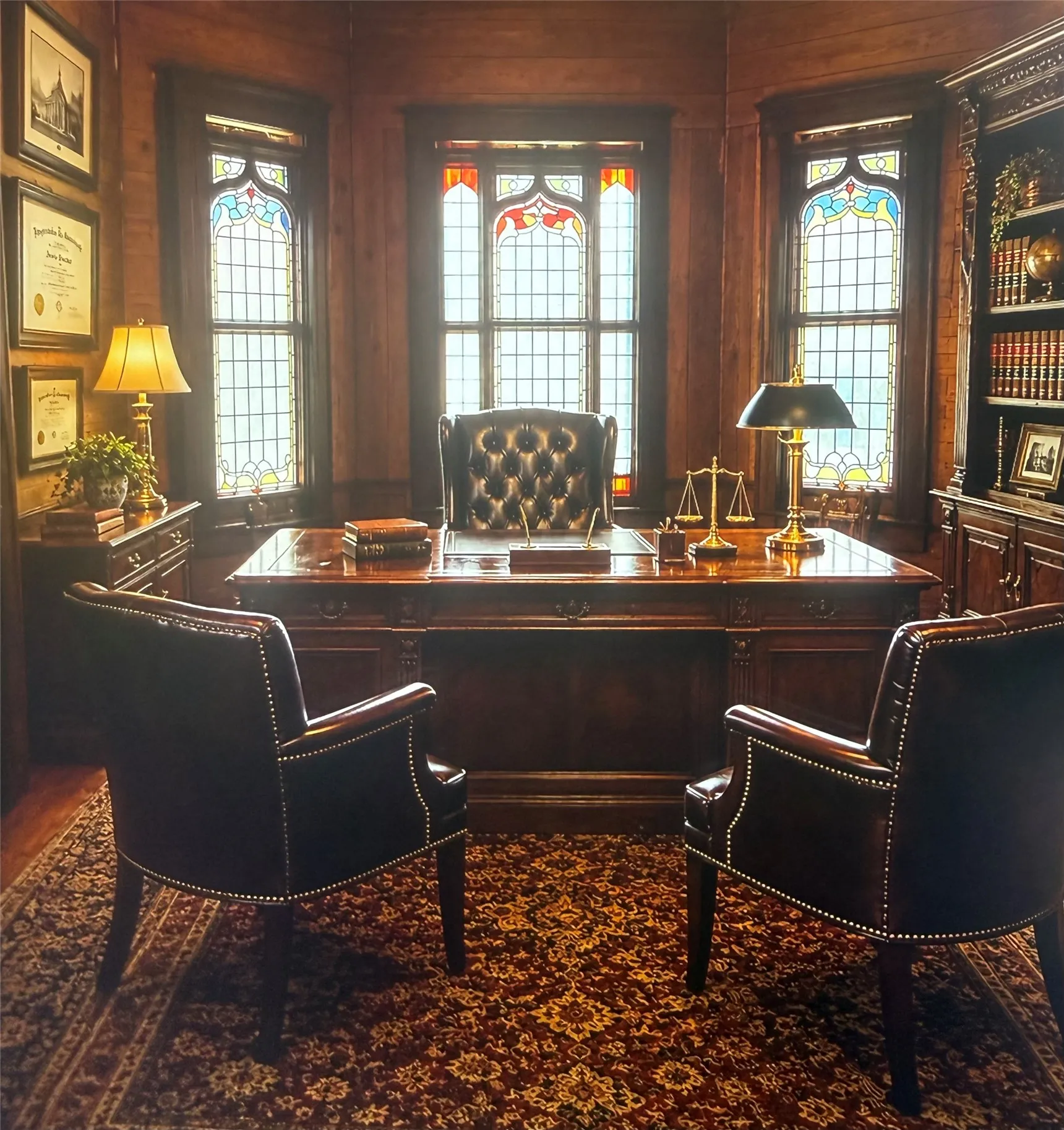 Rich wood paneling, ornate stained glass windows, built-in wooden cabinetry, custom wood desk, and wood-finish flooring - Virtually staged