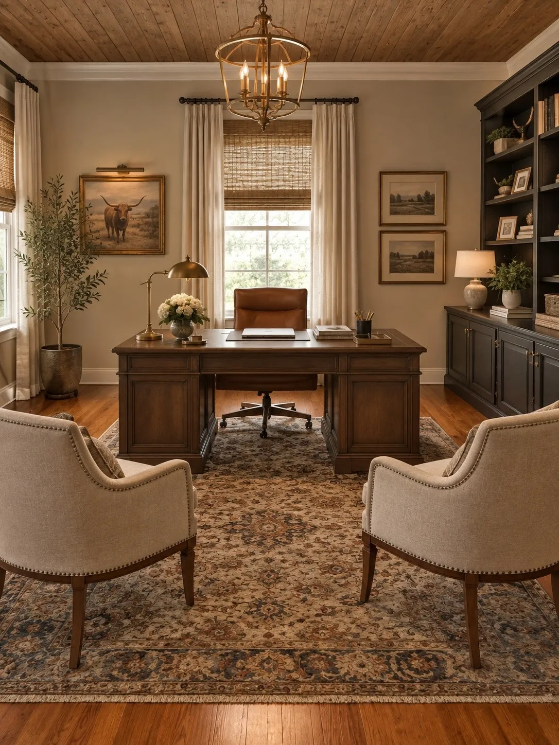 Wood-plank ceiling, hardwood flooring, built-in shelving, decorative overhead lighting, and a large window with privacy blinds - virtually staged
