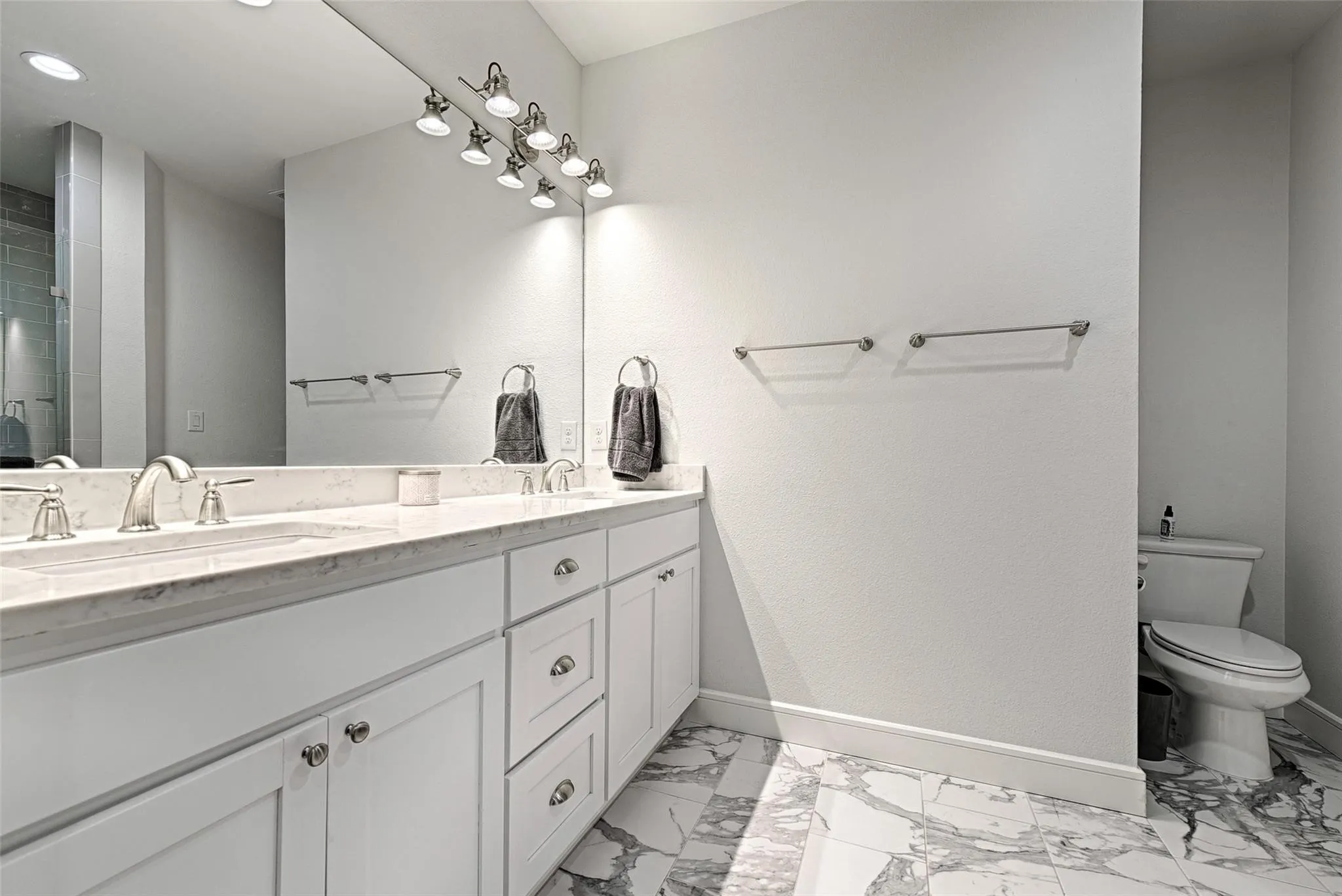 Dual basin vanity with stone countertop, undermount sinks, track lighting, and a private toilet alcove