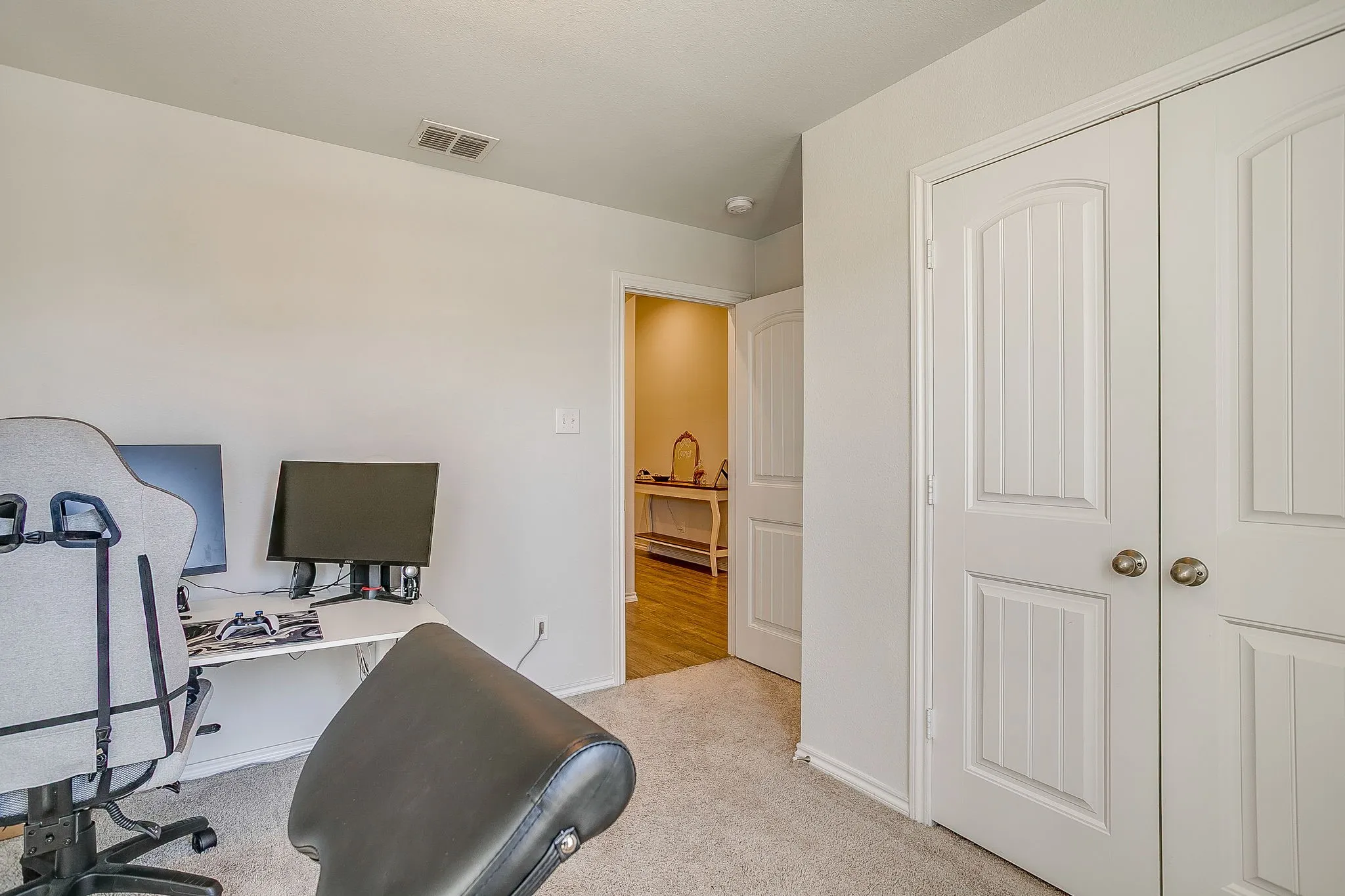 Built-in closet with panel doors and spherical hardware