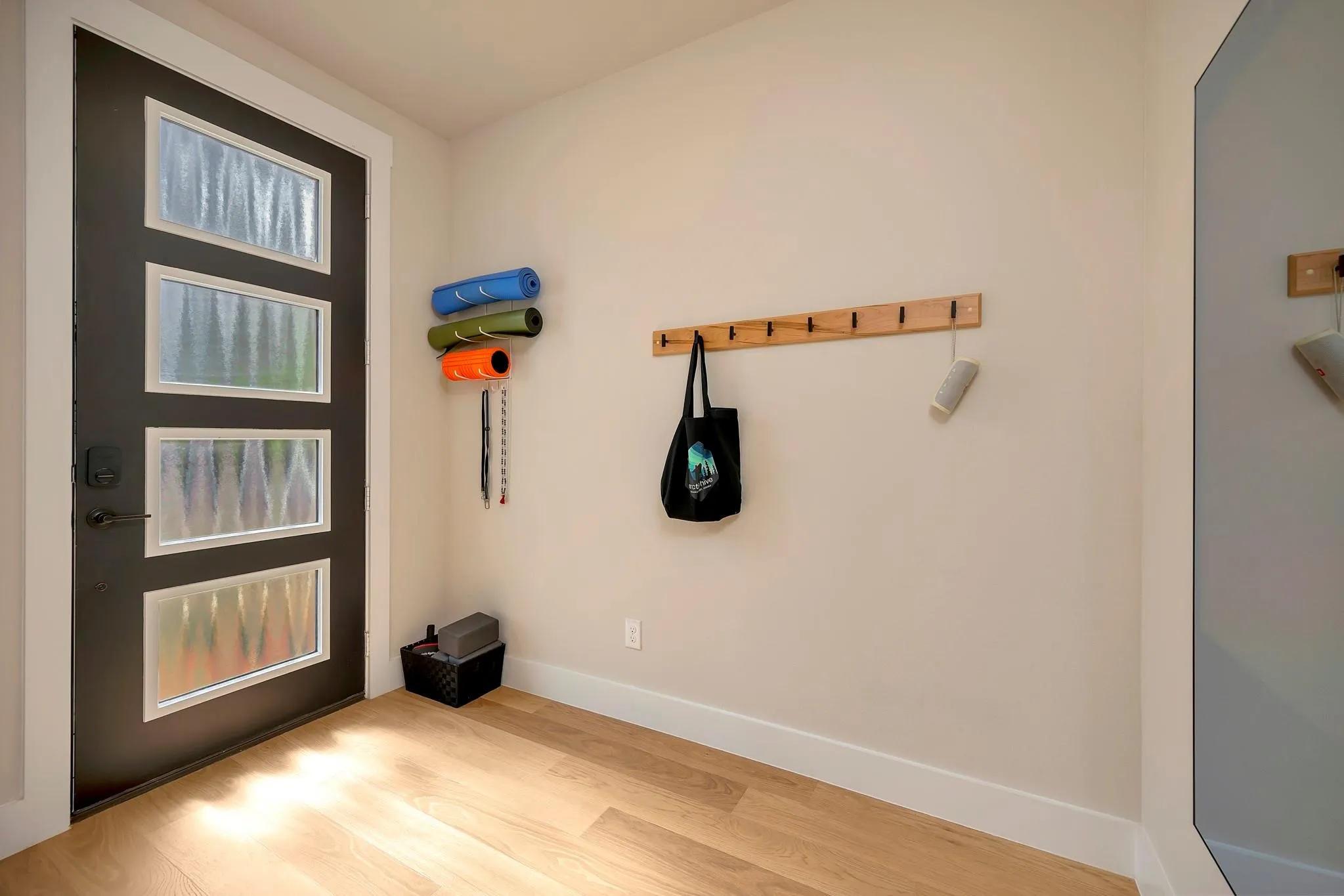 Wood-finish flooring, white wall trim, and a built-in wall-mounted coat rack