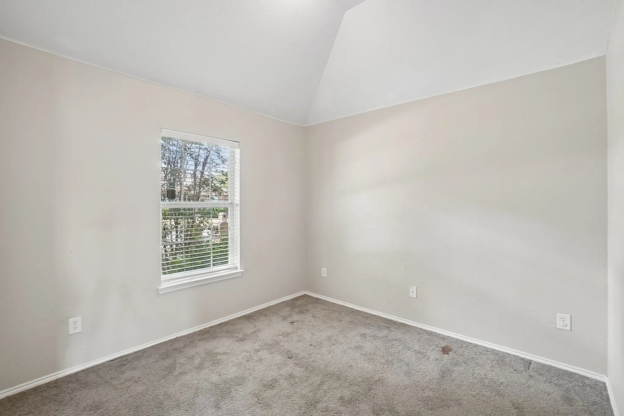 Vaulted ceiling, single window with blinds, light-toned wall paint, carpeted flooring