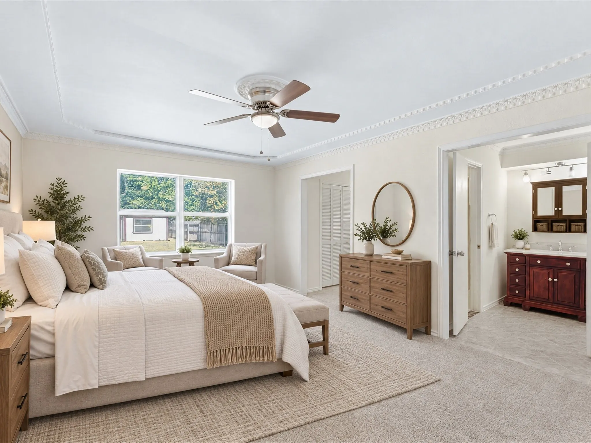 VIRTUALLY STAGED! Tray ceiling with decorative molding, double window, recessed lighting, and ceiling fan