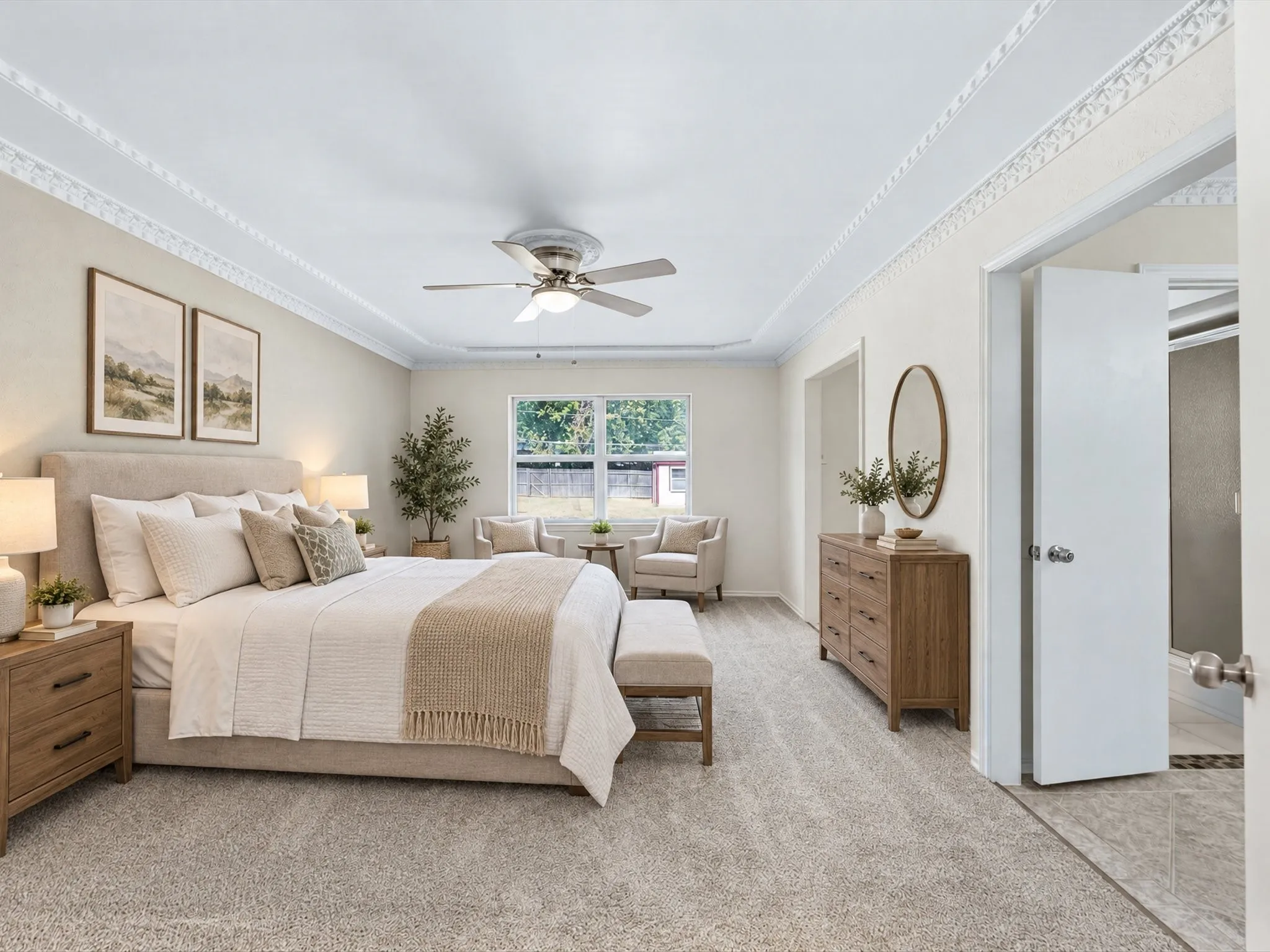 VIRTUALLY STAGED! Tray ceiling with decorative crown molding, ceiling fan, and carpeted flooring