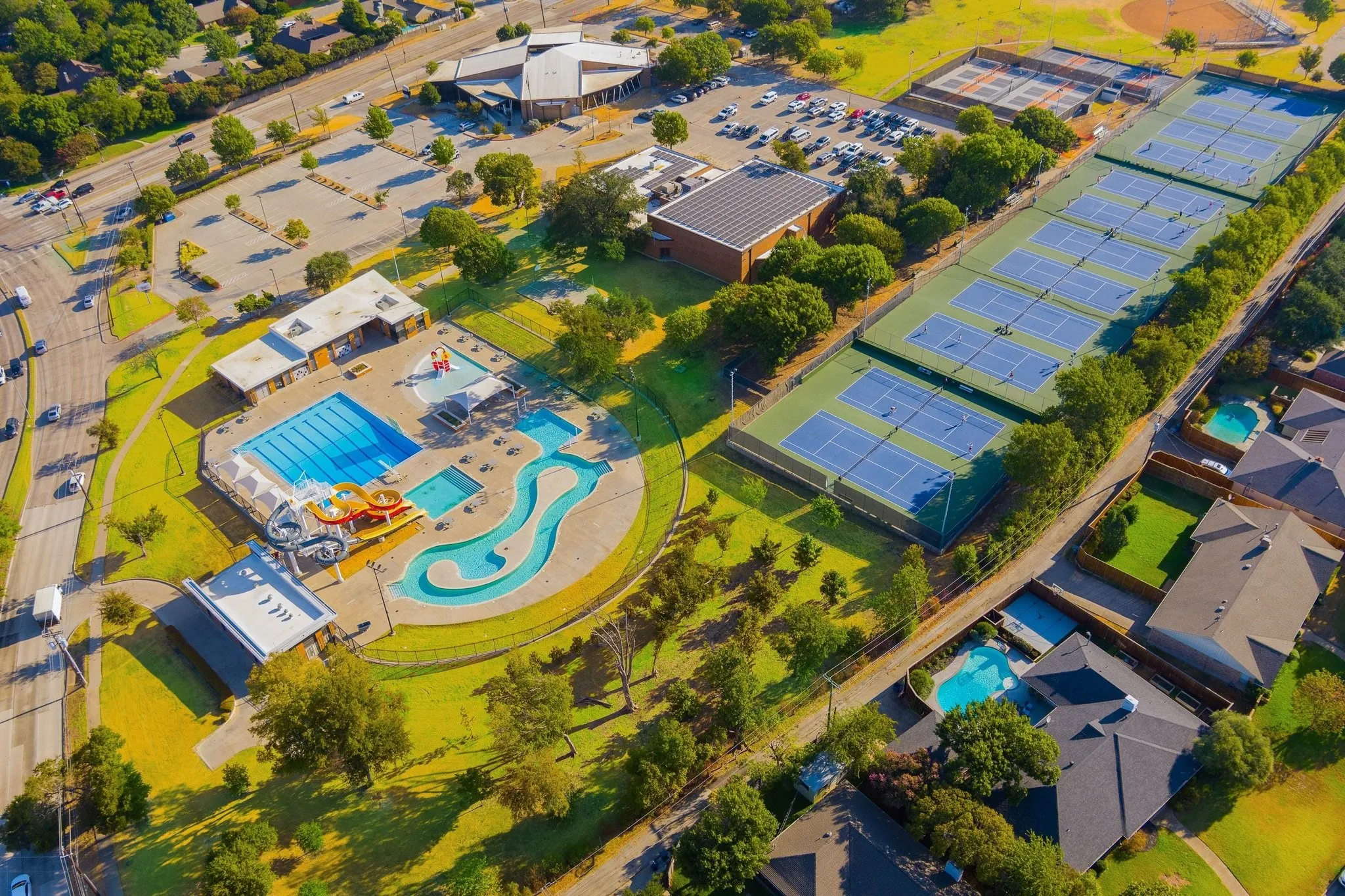 Fretz Park with Community Pool, Tennis and Pickleball Center, Library, Fire Station, Recreation Center, Playground, Soccer and Baseball Fields.