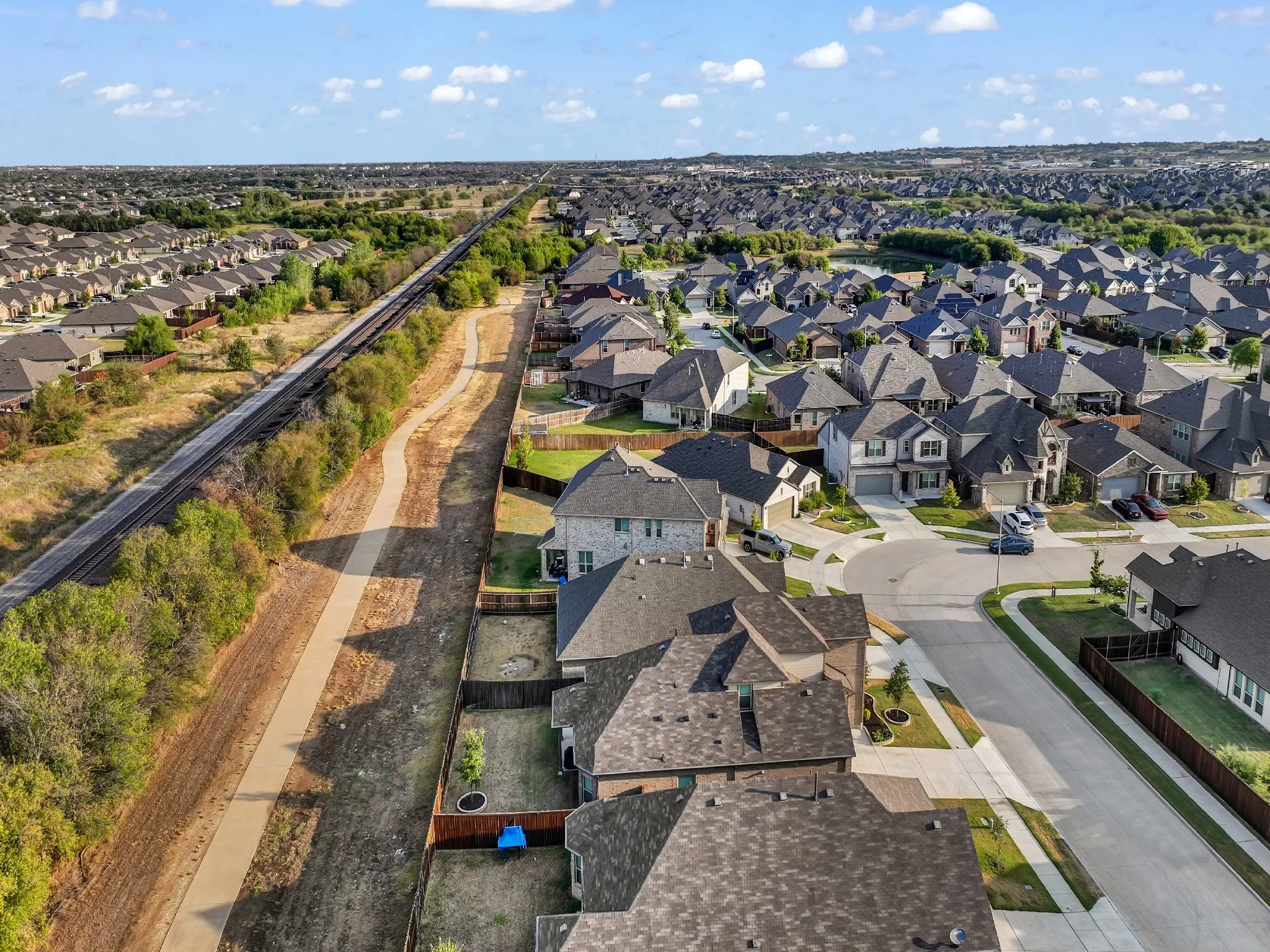 Back Of Subdivision with Walk Trail and Green Space Railroad Tracks