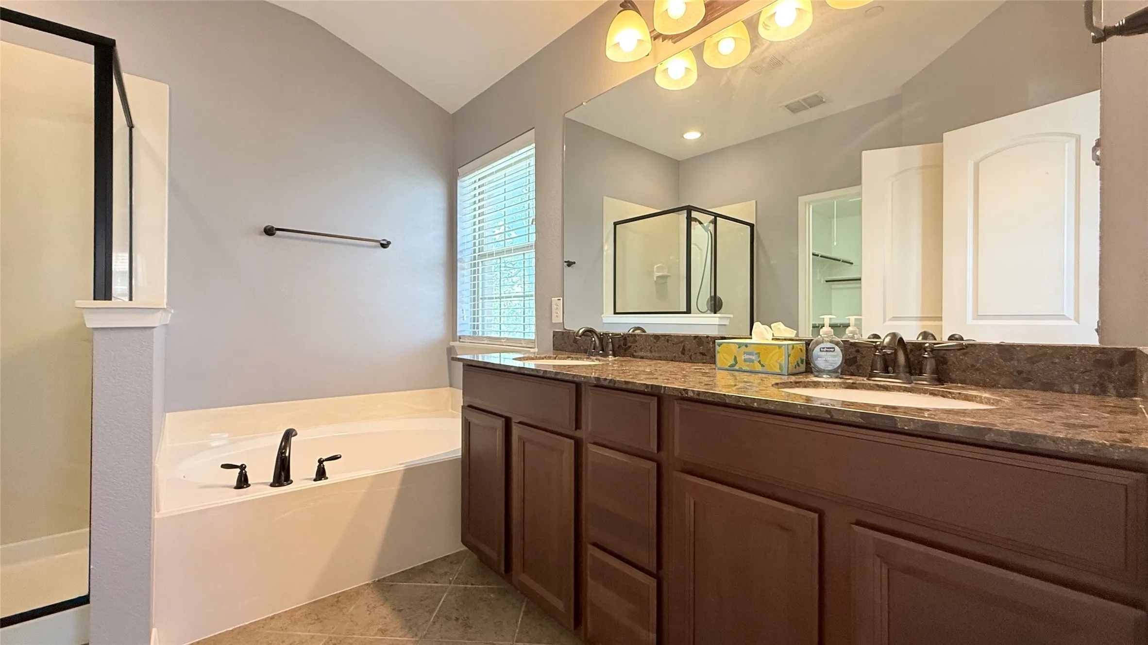 Dual vanity with dark wood-finish cabinetry and stone countertops