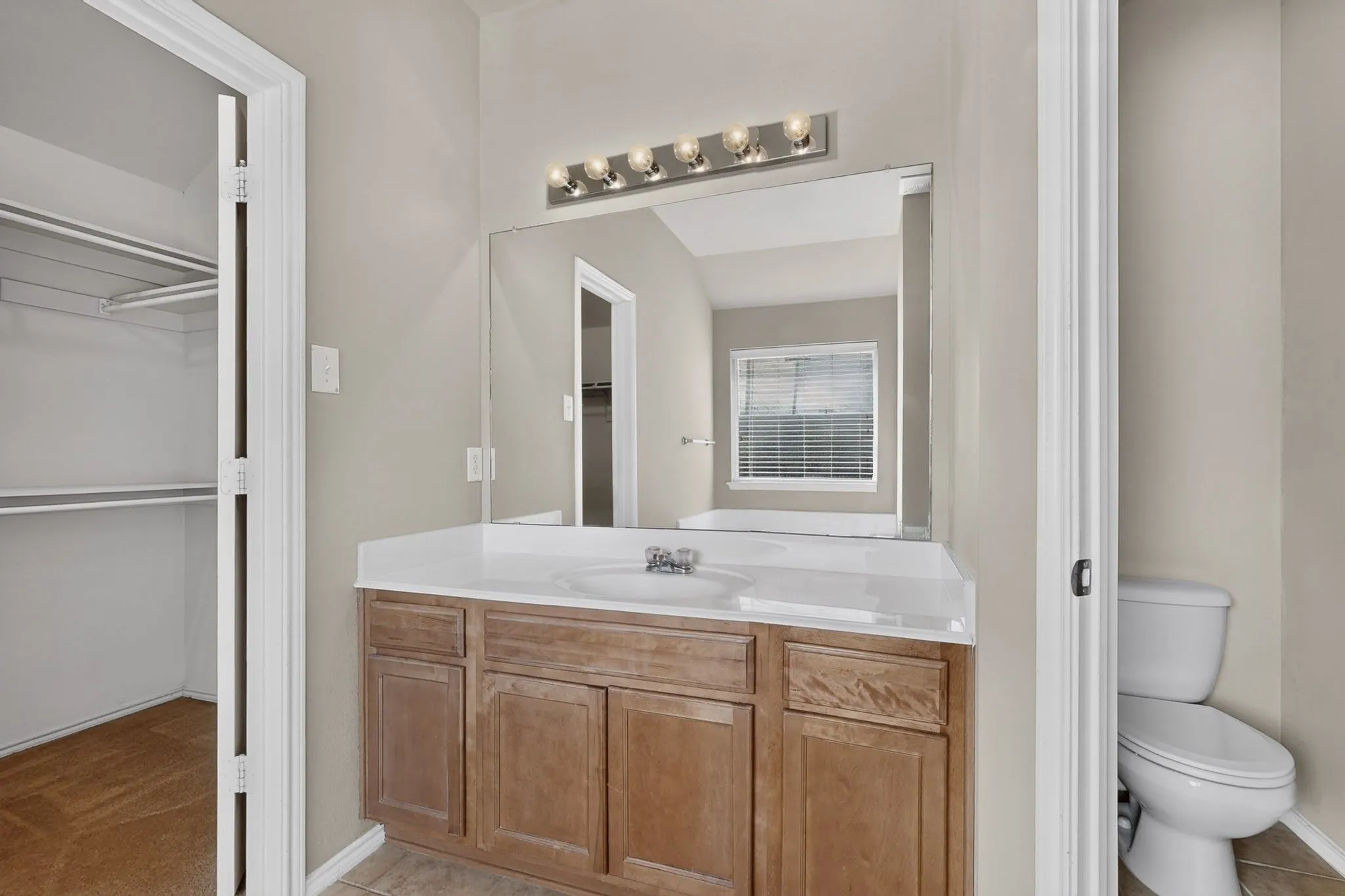 Bathroom vanity with wood-finish cabinetry, a single basin sink, and a large wall-mounted mirror