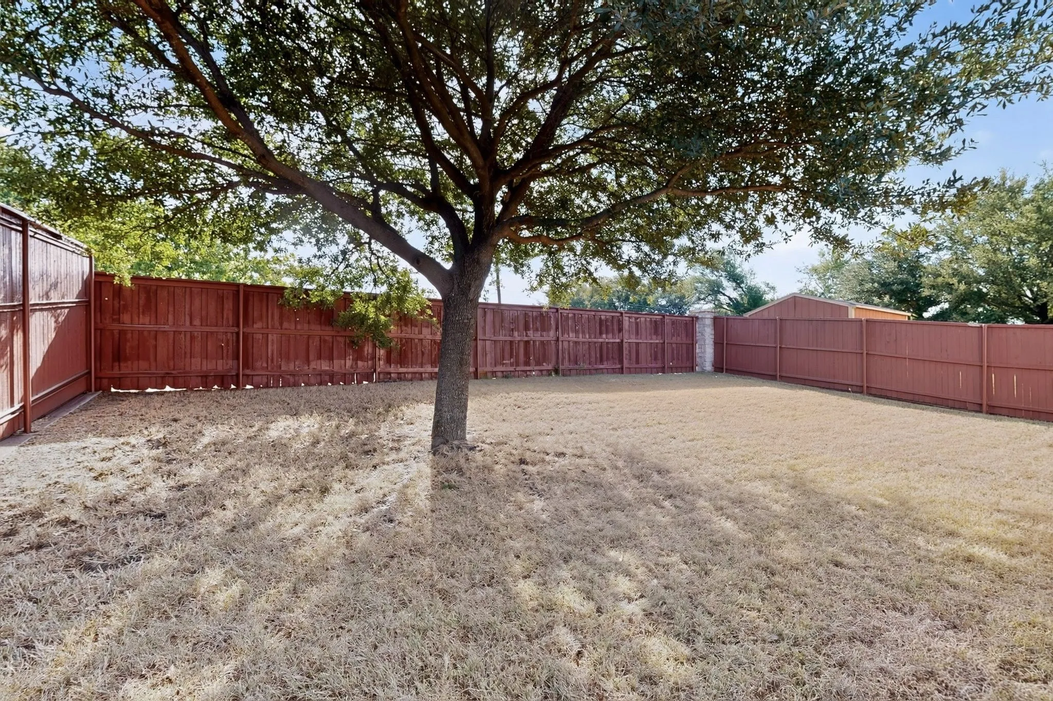 Expansive backyard featuring a mature tree, wood privacy fencing, and a brick fence post accent