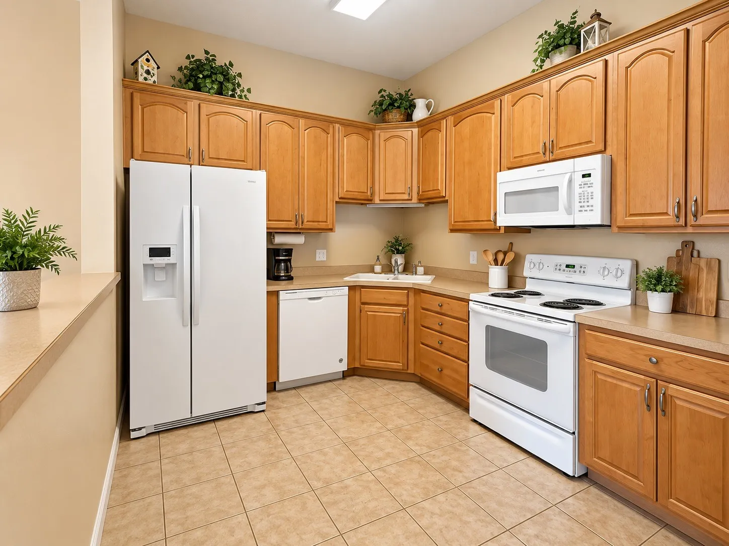 Kitchen featuring wood-finish cabinetry, tile flooring, white appliances, and a built-in microwave