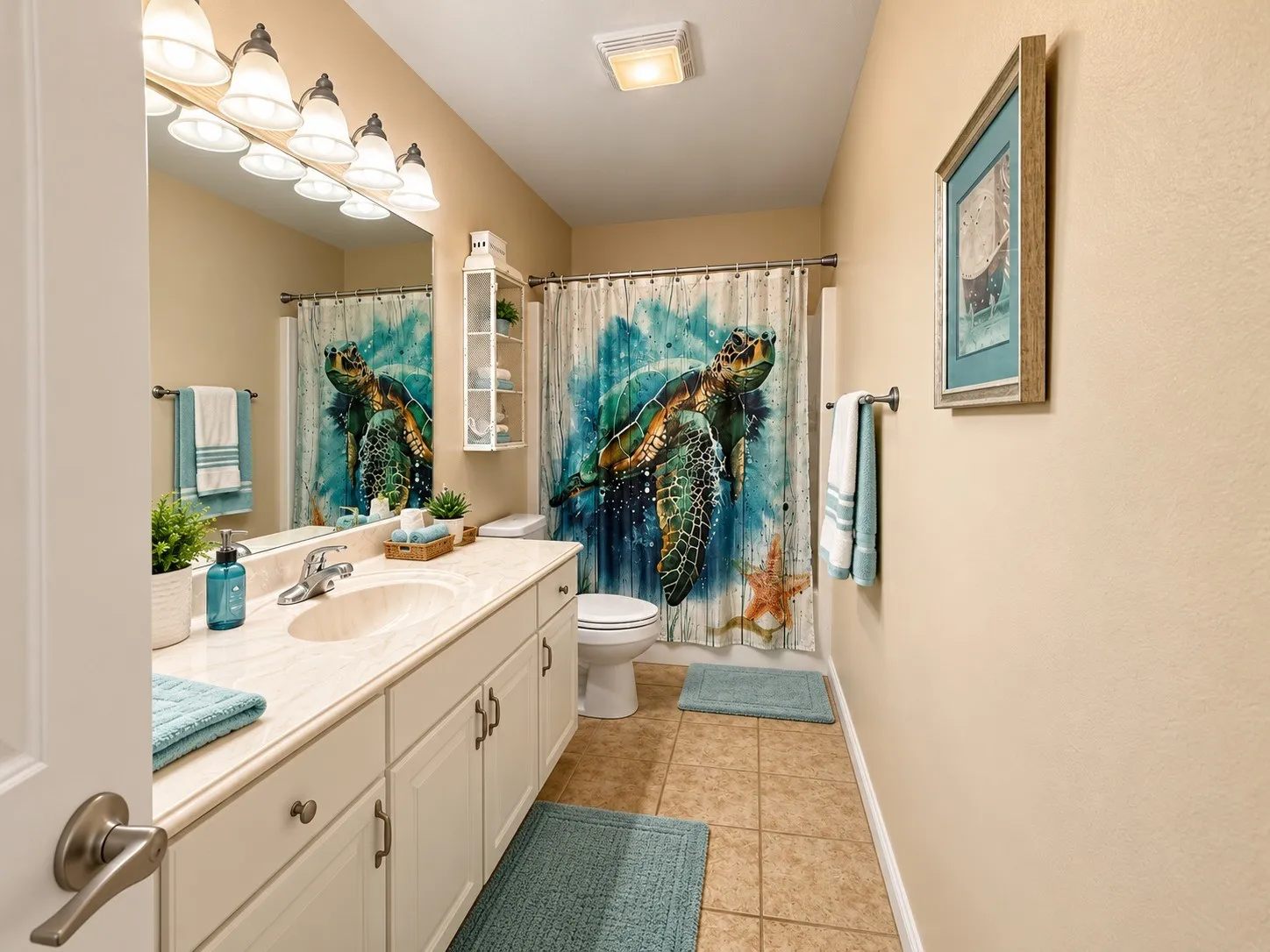 Vanity with an integrated sink and light-colored countertop
