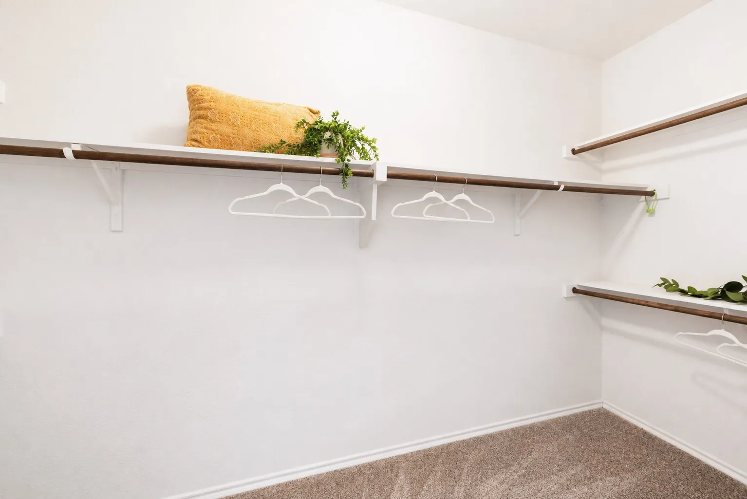 Walk-in closet with white shelving, wood-finish hanging rods, and neutral carpet flooring