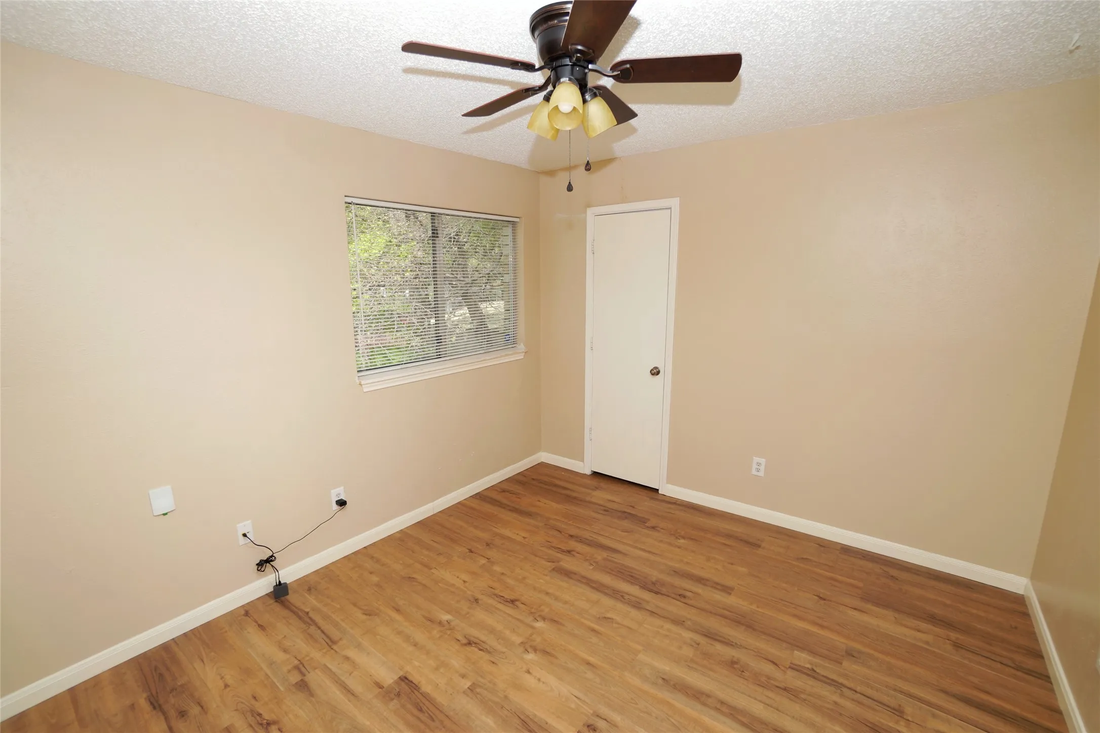 Wood-finish flooring, neutral wall tones, modern ceiling fan, and a single window