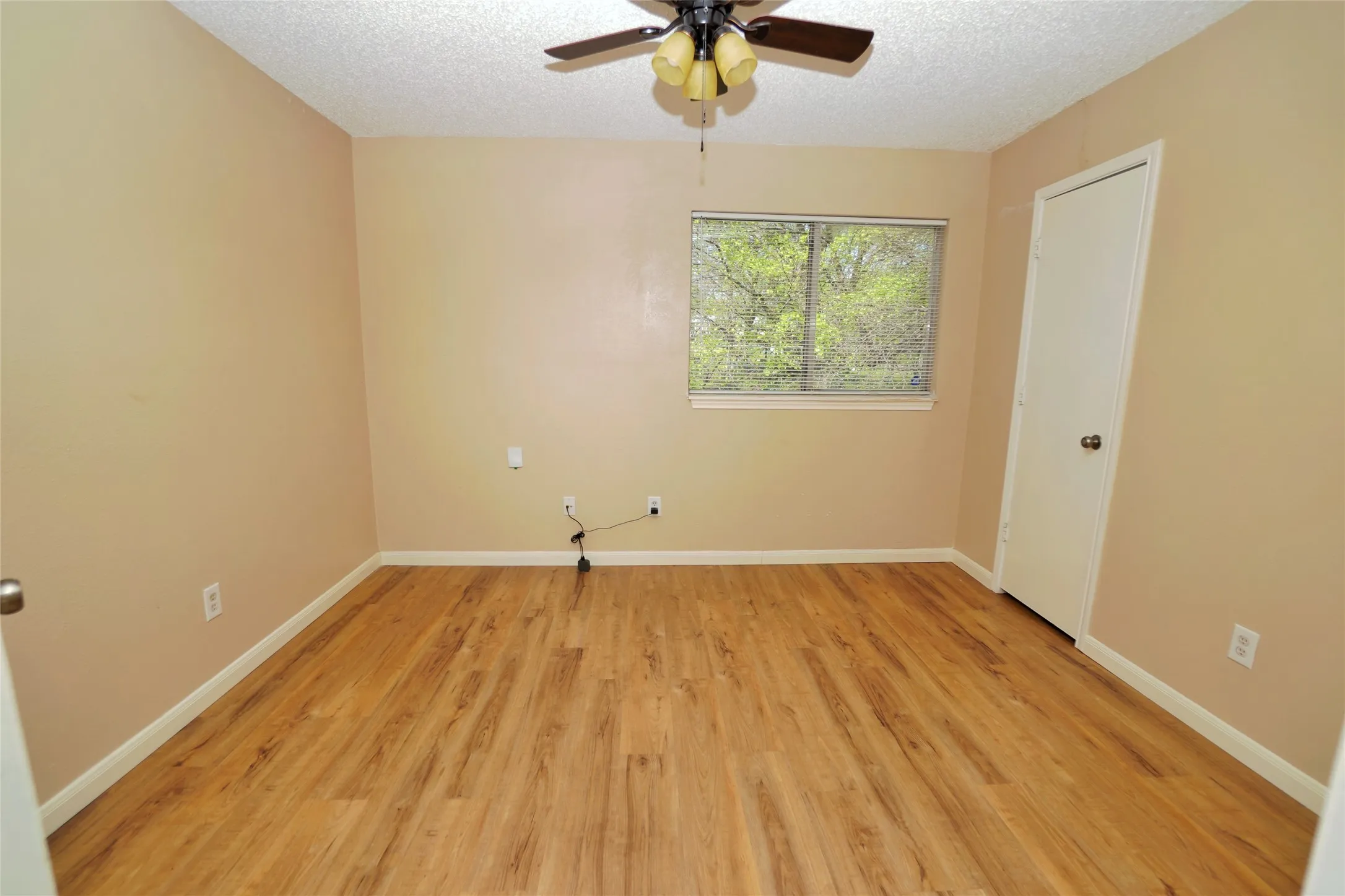 Warm-toned walls complement the wood-finish flooring