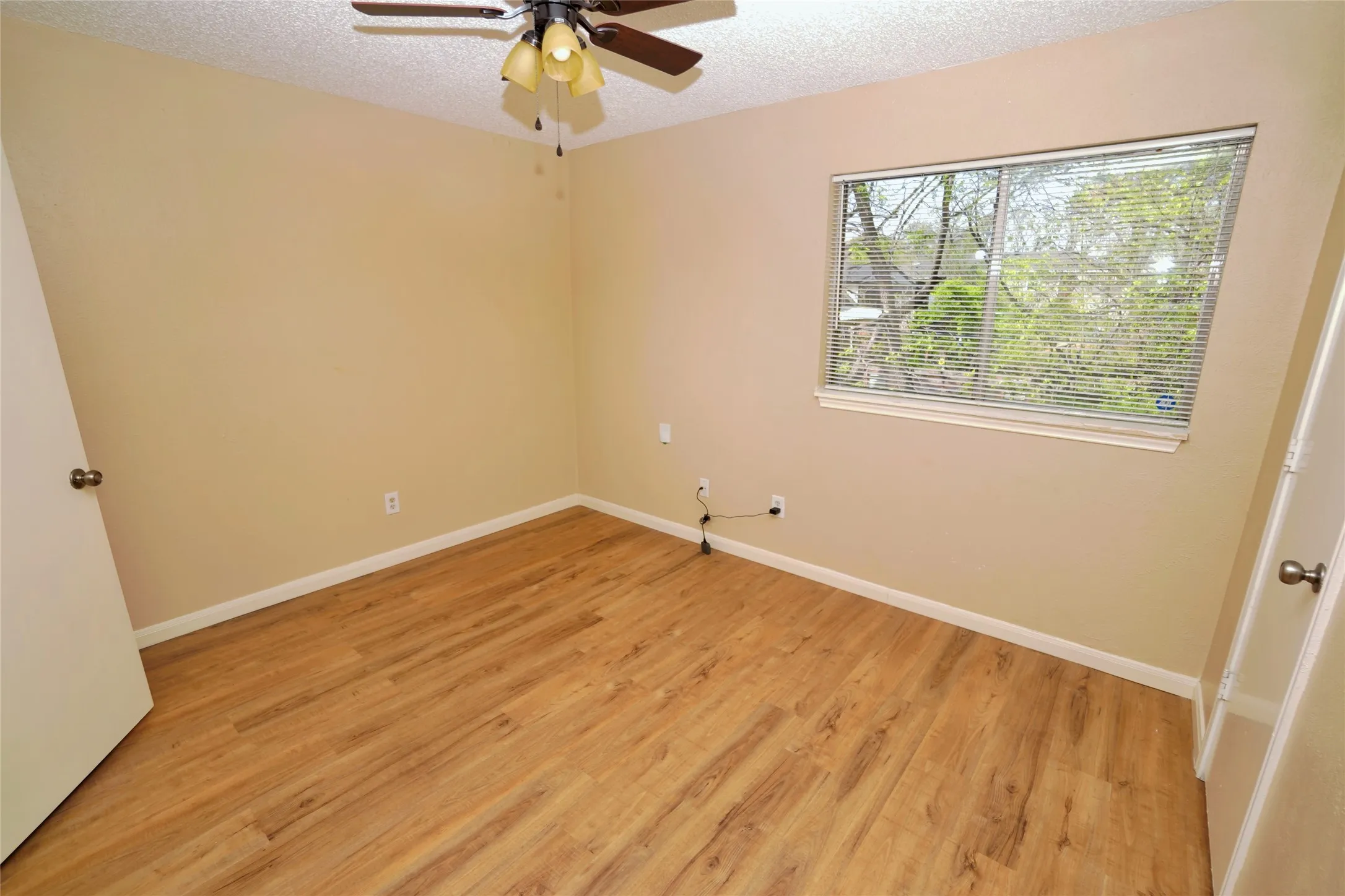 Wood-finish flooring throughout, neutral wall paint, and a ceiling fan with integrated lighting