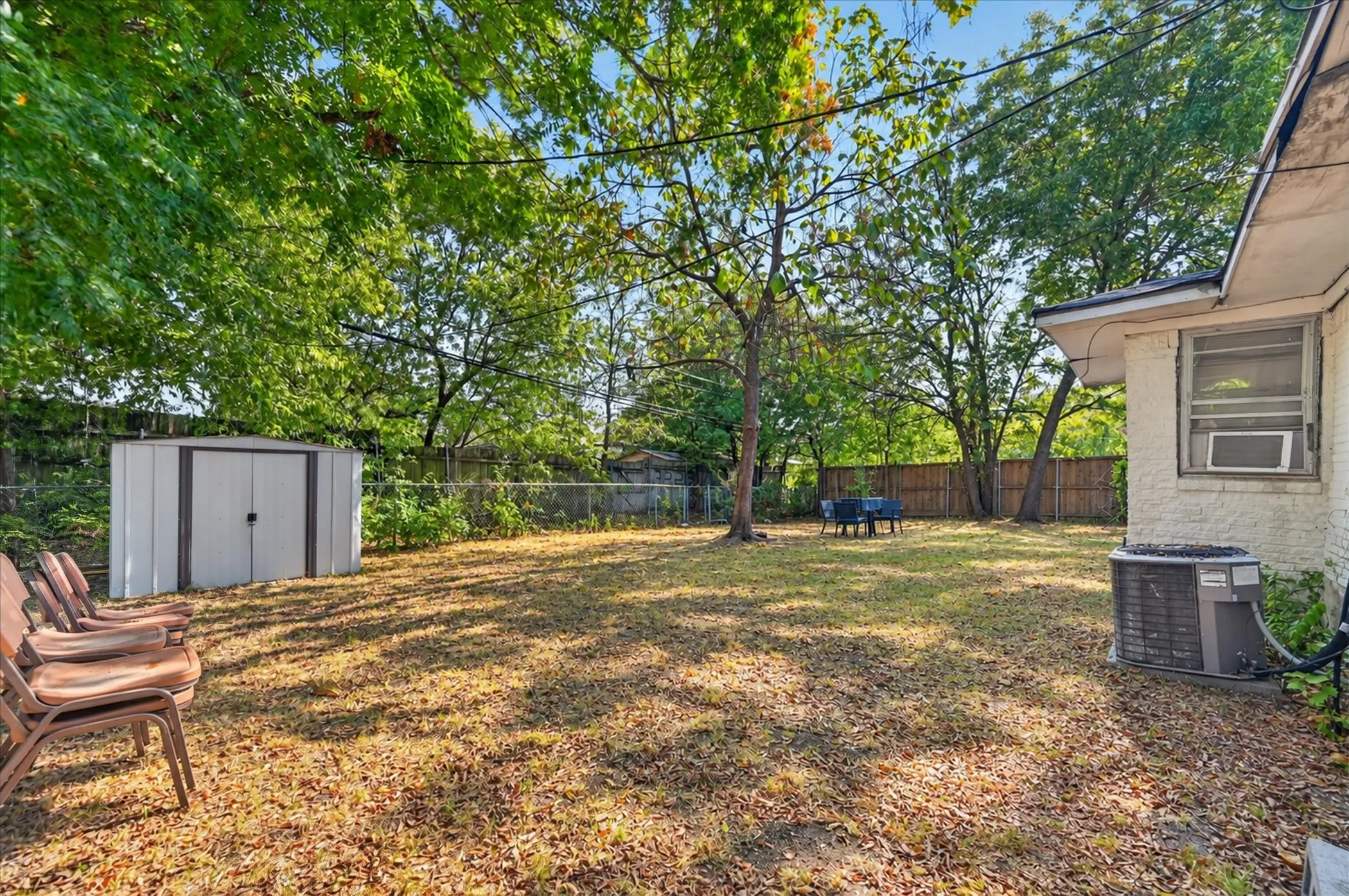 Expansive backyard featuring a mature tree, privacy fencing, and a metal storage shed
