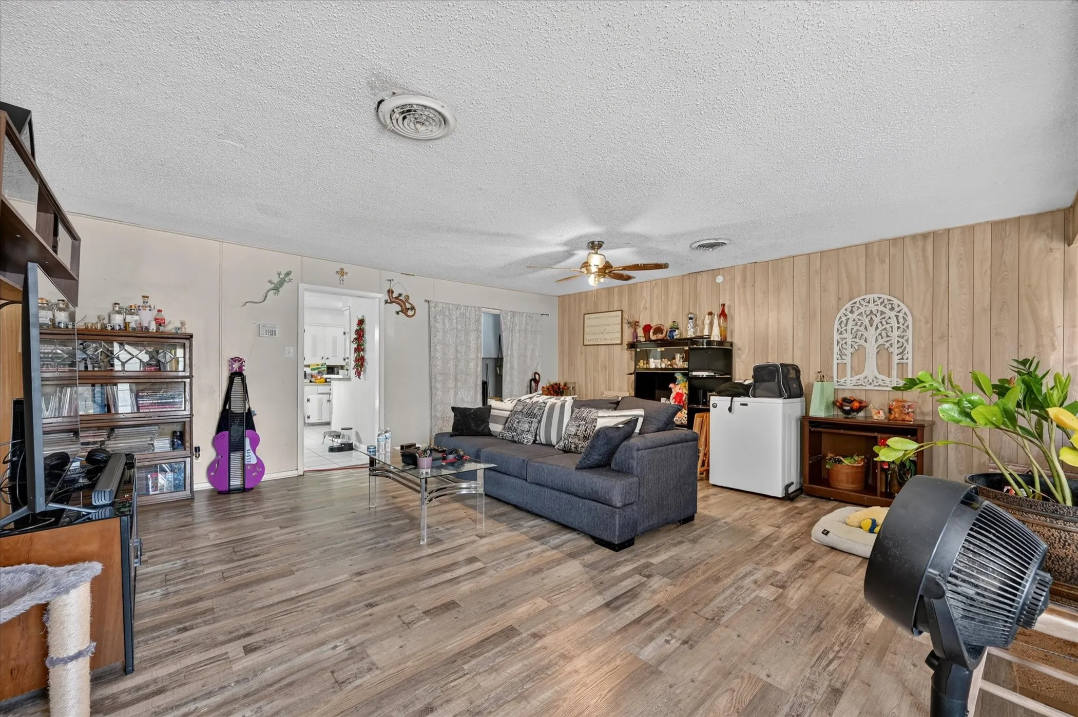 Wood-finish flooring throughout the main living space