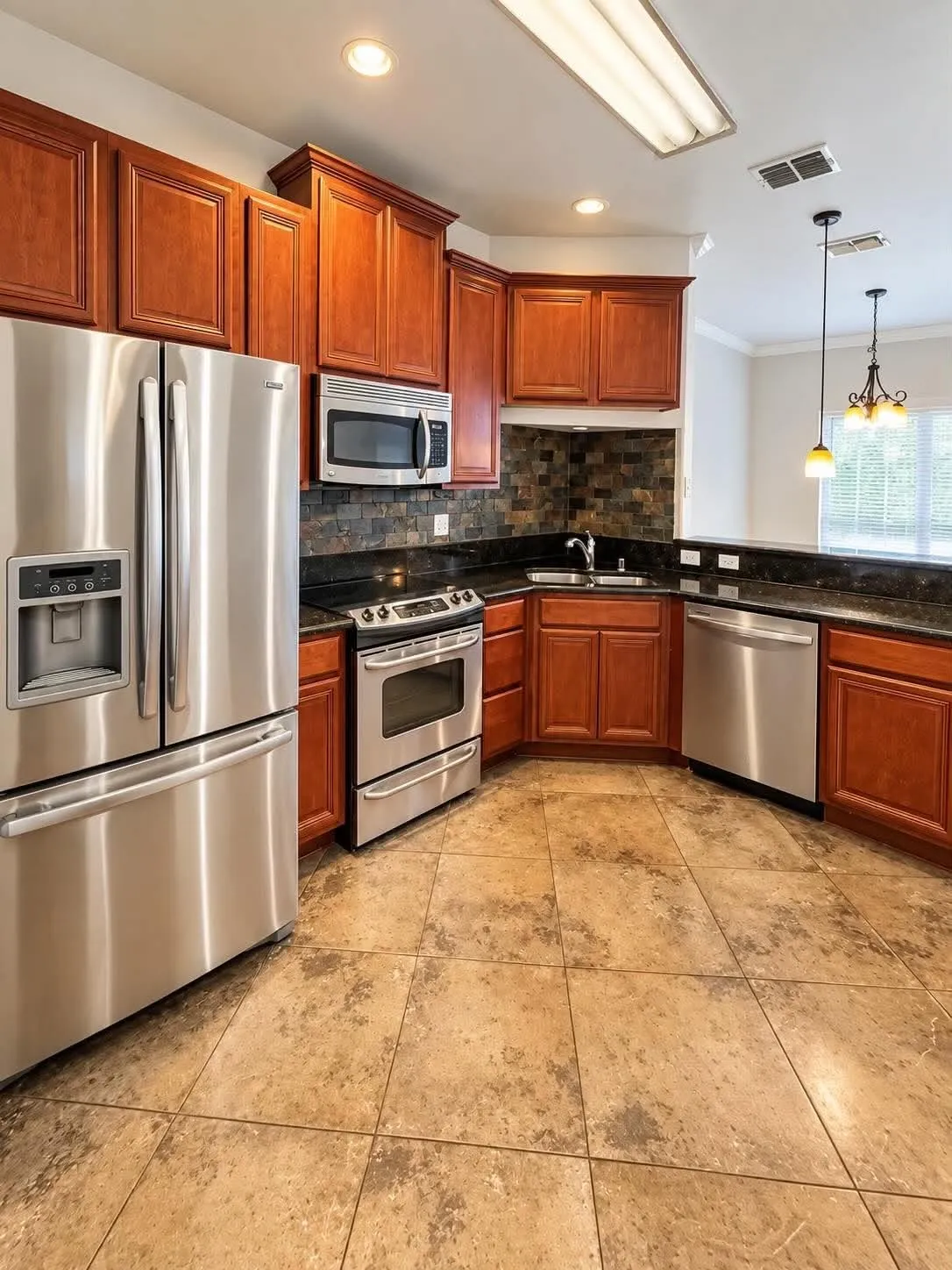Kitchen featuring stainless steel appliances, dark stone countertops, natural wood-finish cabinetry, a coordinating stone backsplash, and neutral-toned tile flooring