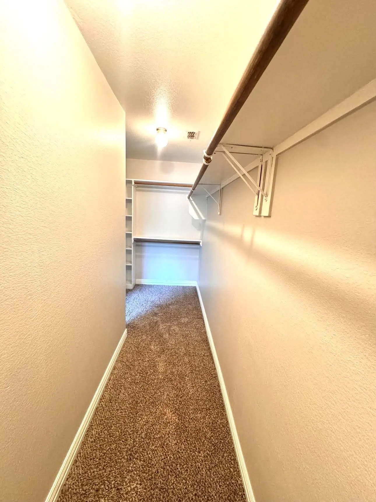 Carpeted hallway with a clothing rod and integrated shelving
