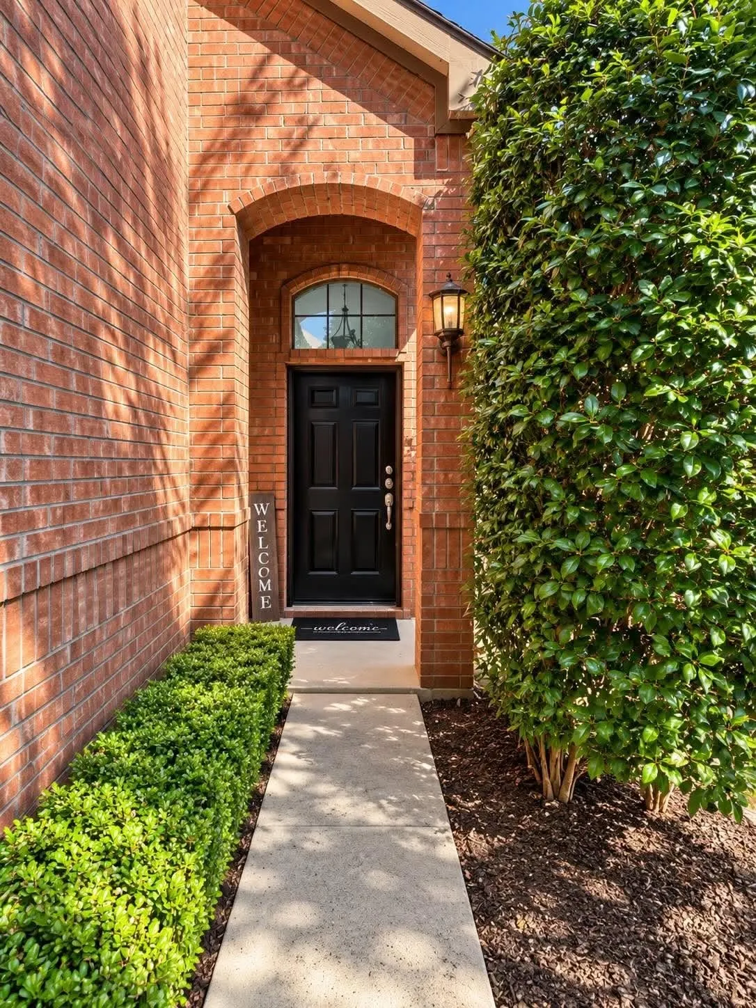 Brick facade with an arched entry, a dark paneled door, and an arched transom window
