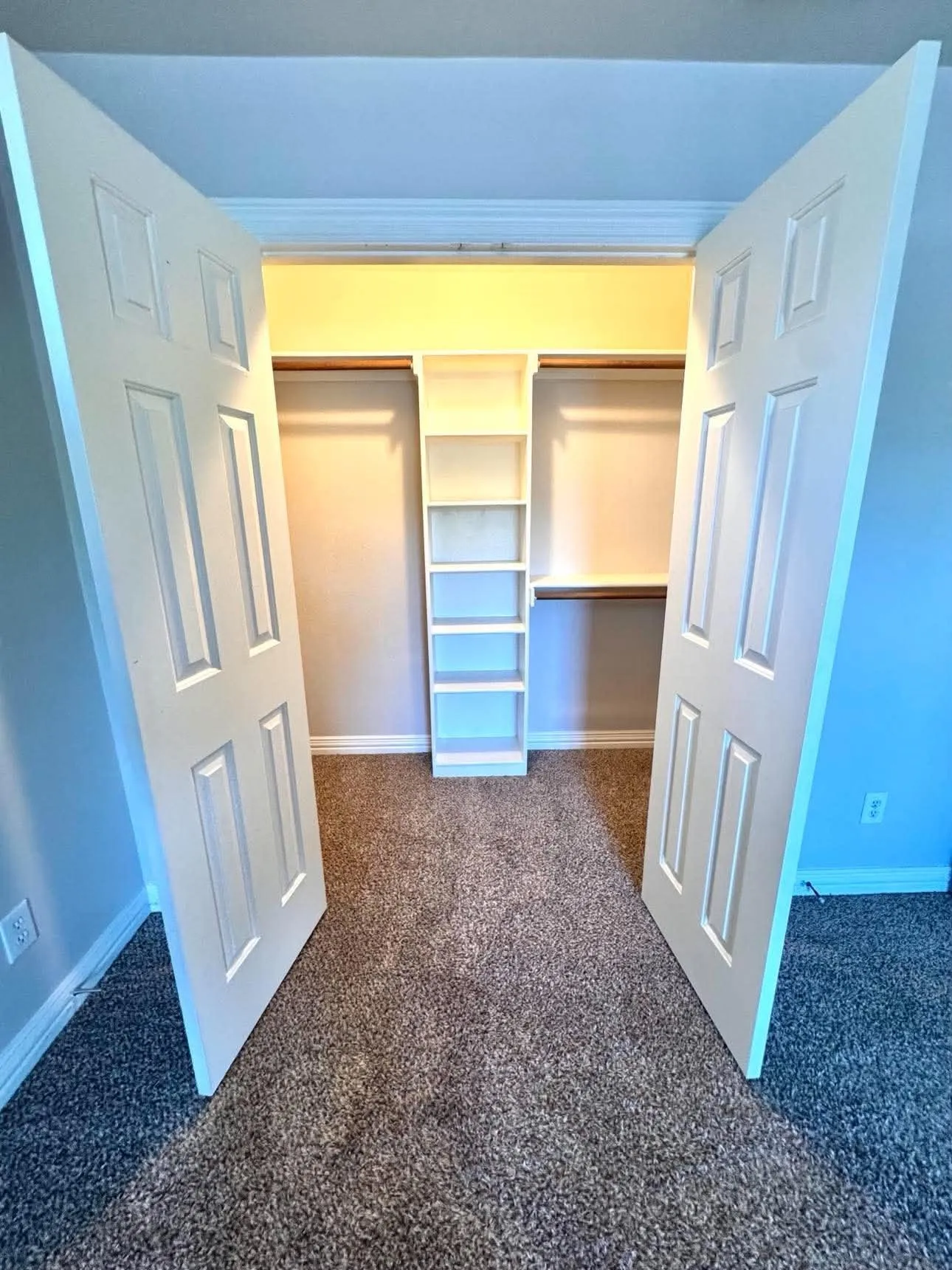 Built-in closet shelving, hanging rods, two paneled closet doors, and carpet flooring