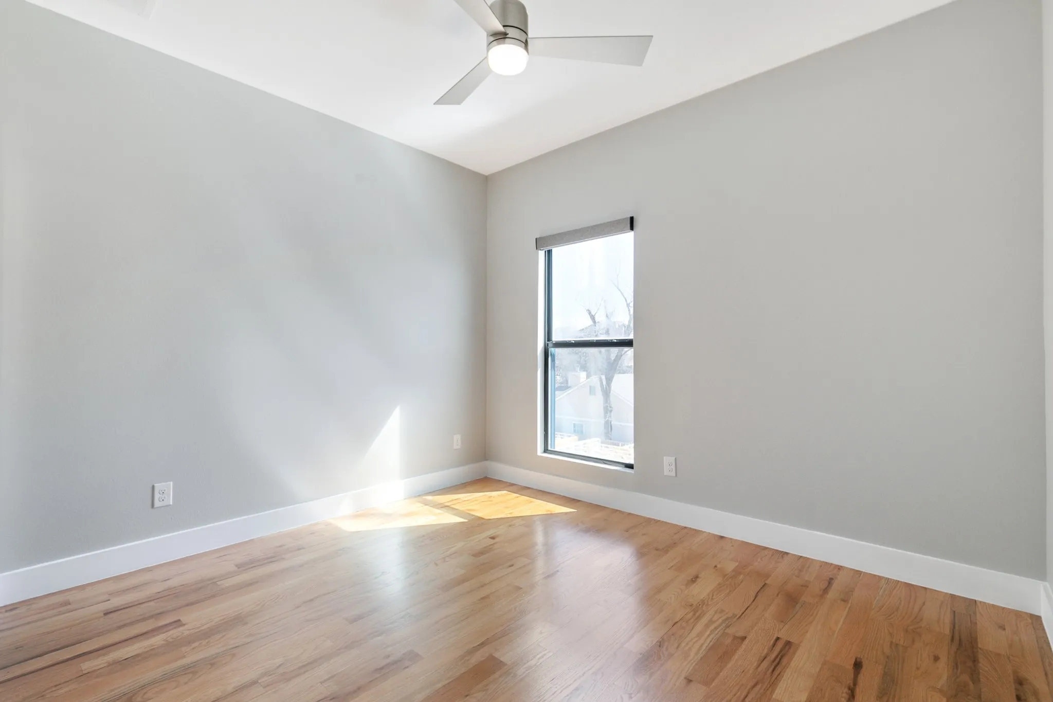 Hardwood flooring, painted walls, contemporary ceiling fan, single window with roller shade, and white trim