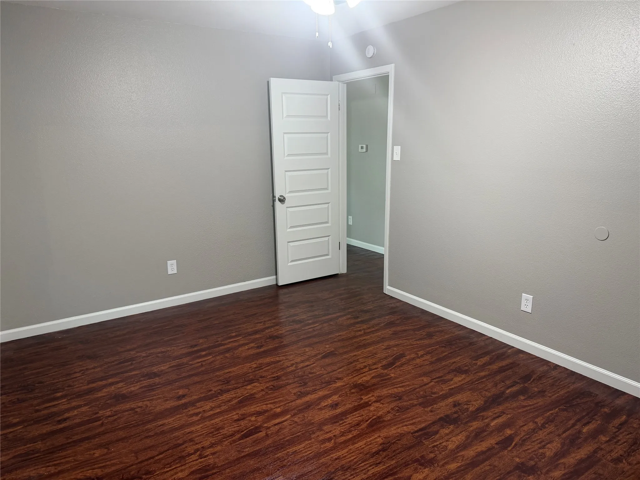 Wood-finish flooring, neutral gray wall tones, white trim, and a paneled interior door