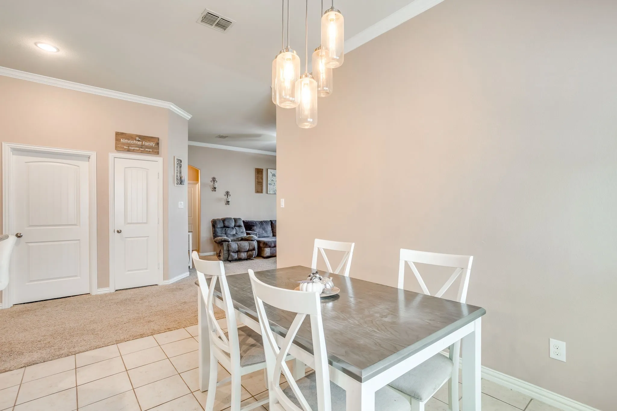 Tile flooring and carpeted areas