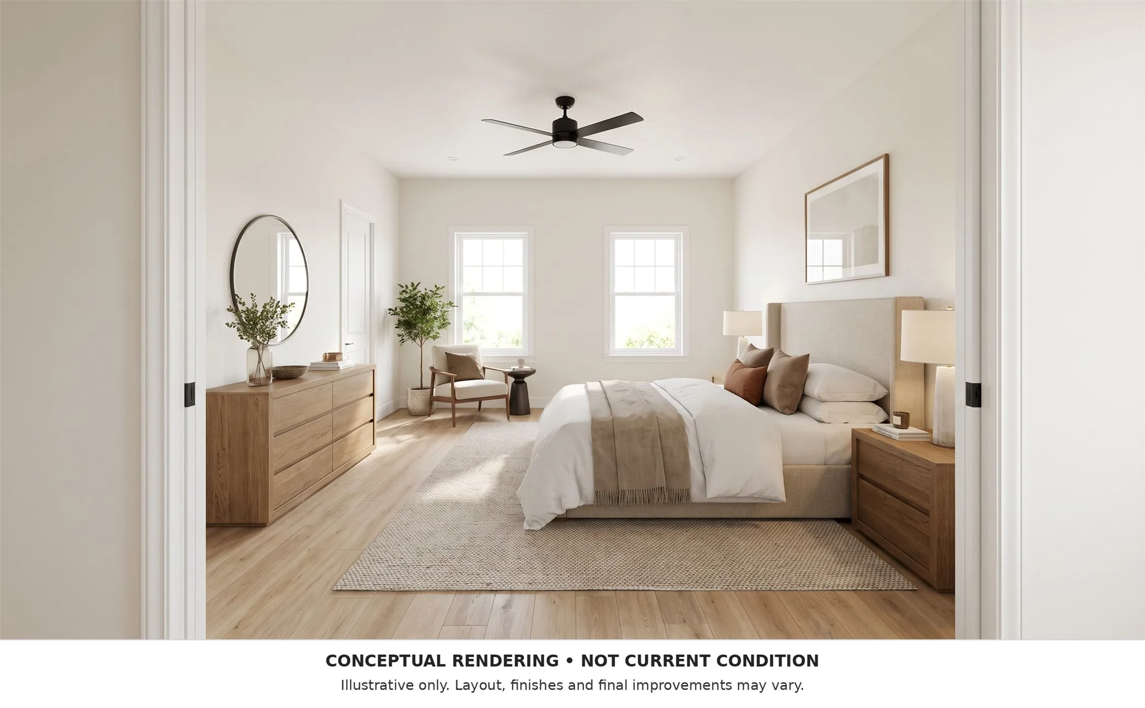 Conceptual bedroom rendering showing proposed finishes, not current condition. Final improvements may vary.